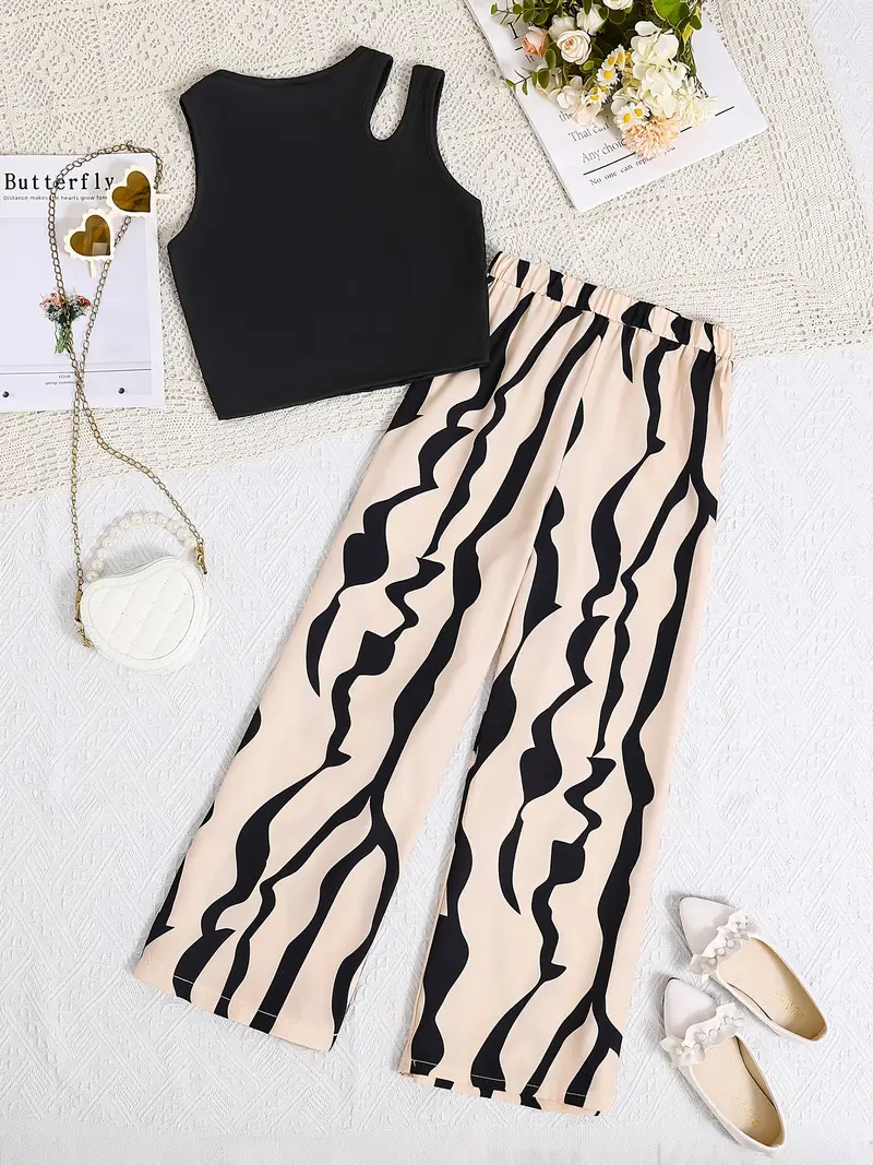 Girls Black Crop Top with Beige & Black Printed Wide Pants