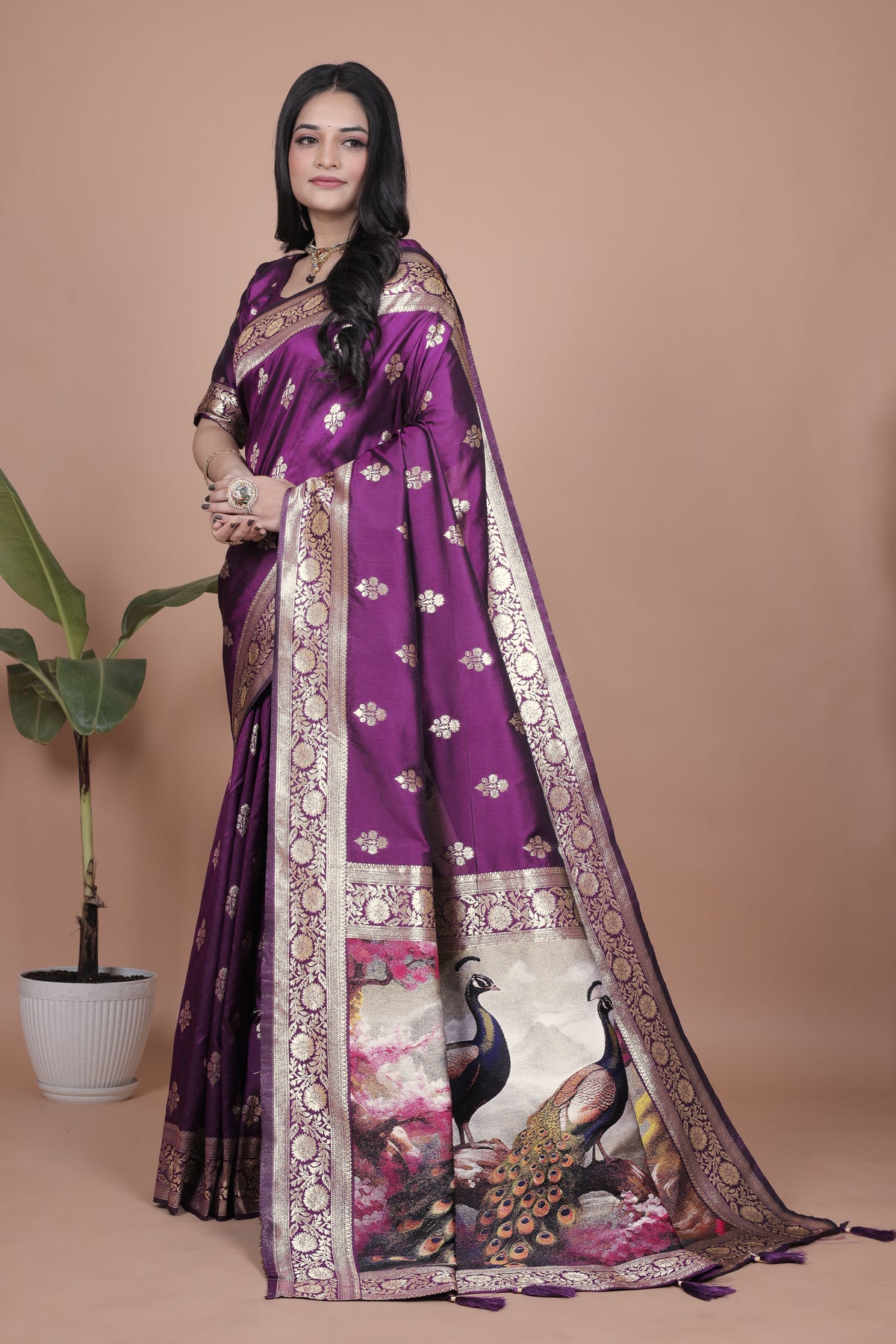 Elegant Purple Silk Saree with Peacock Design and Golden Borderc