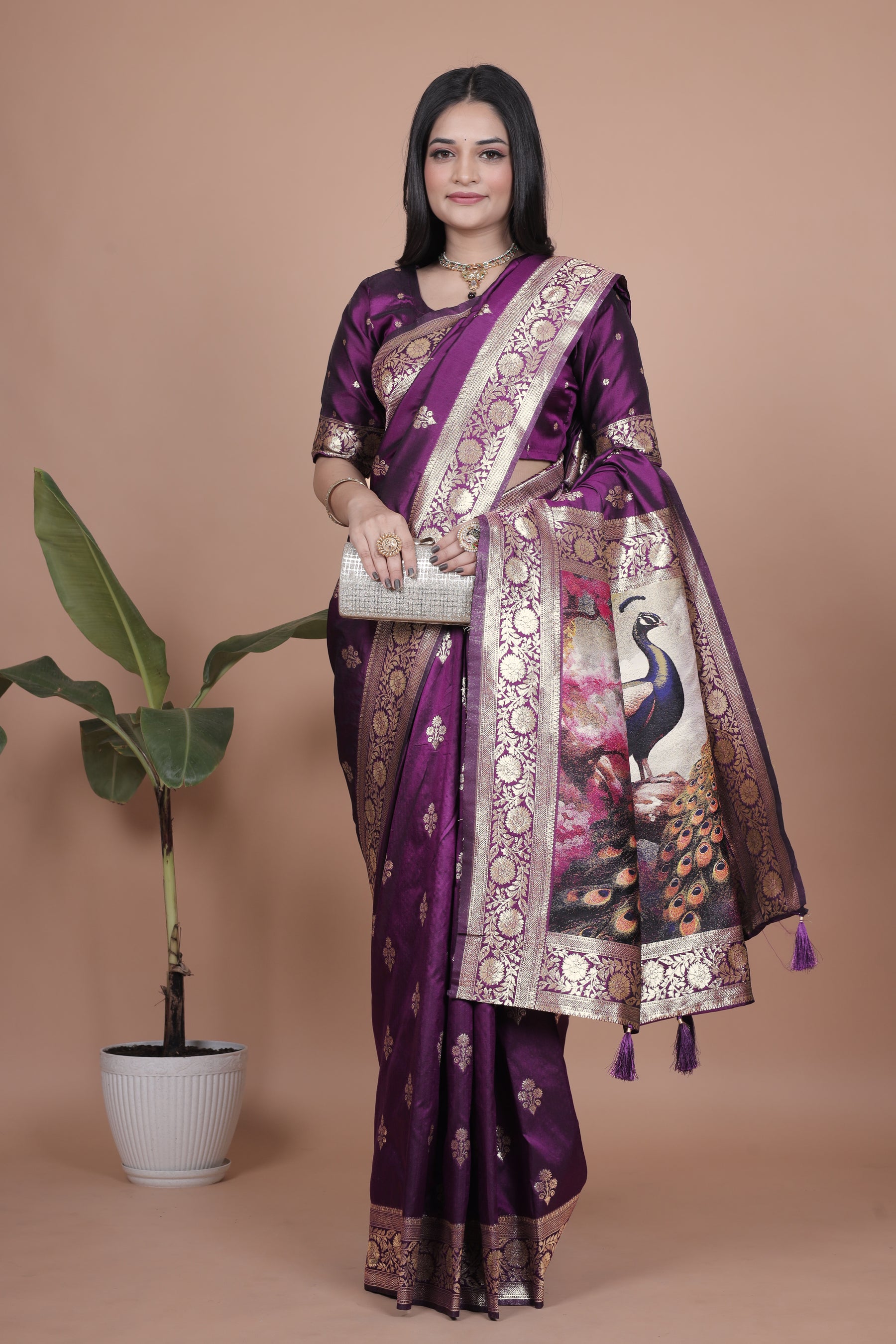 Elegant Purple Silk Saree with Peacock Design and Golden Border