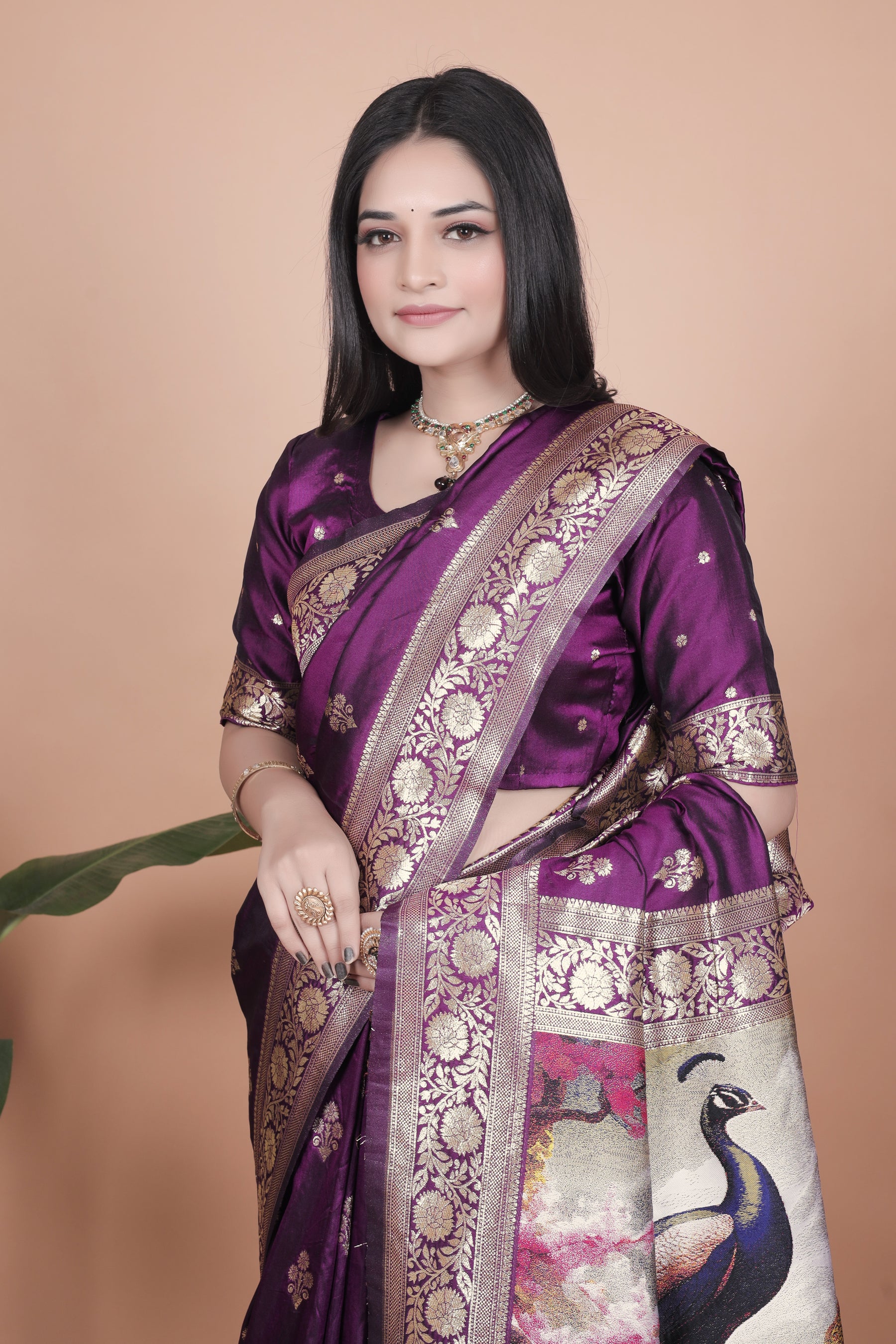 Elegant Purple Silk Saree with Peacock Design and Golden Border