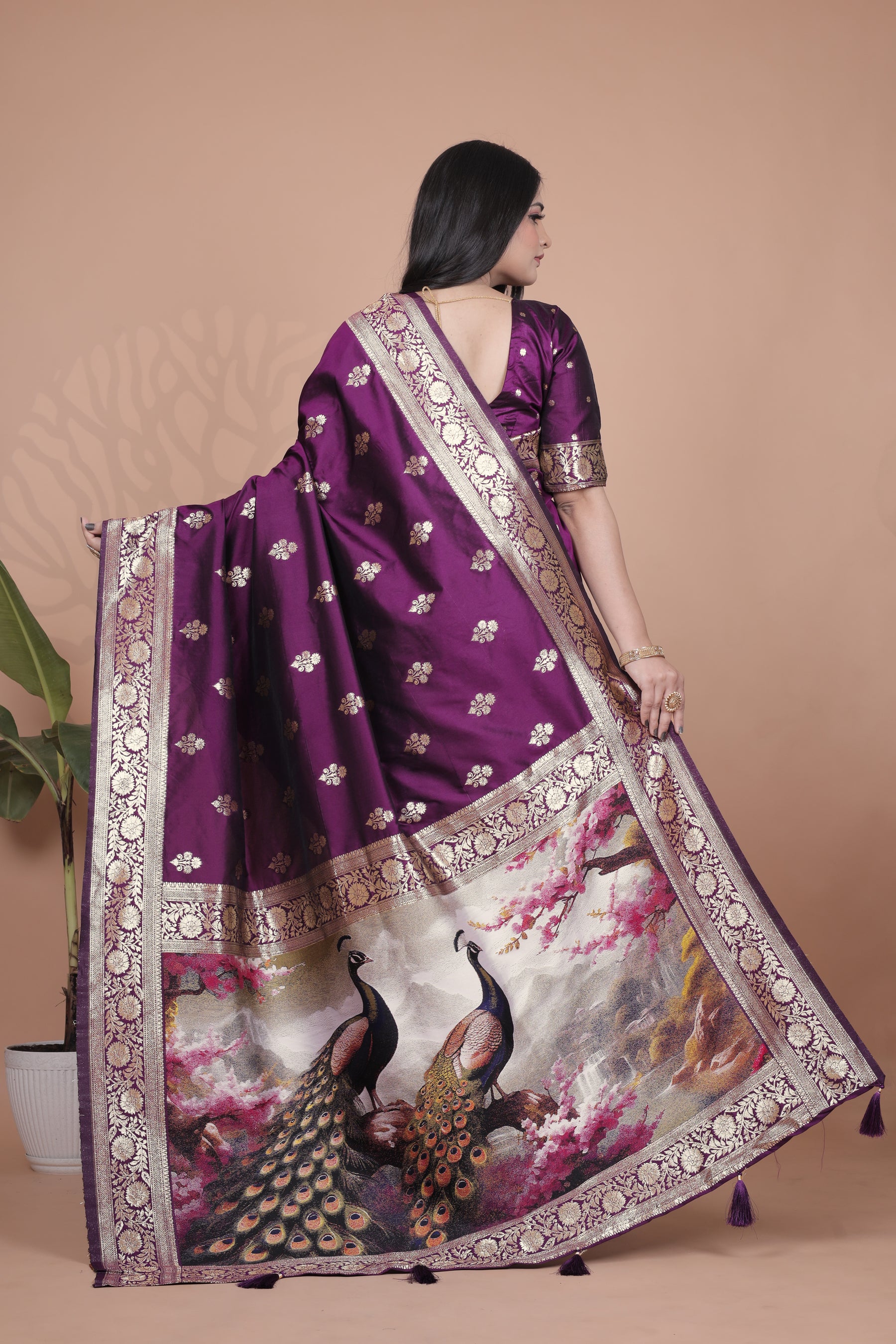 Elegant Purple Silk Saree with Peacock Design and Golden Border