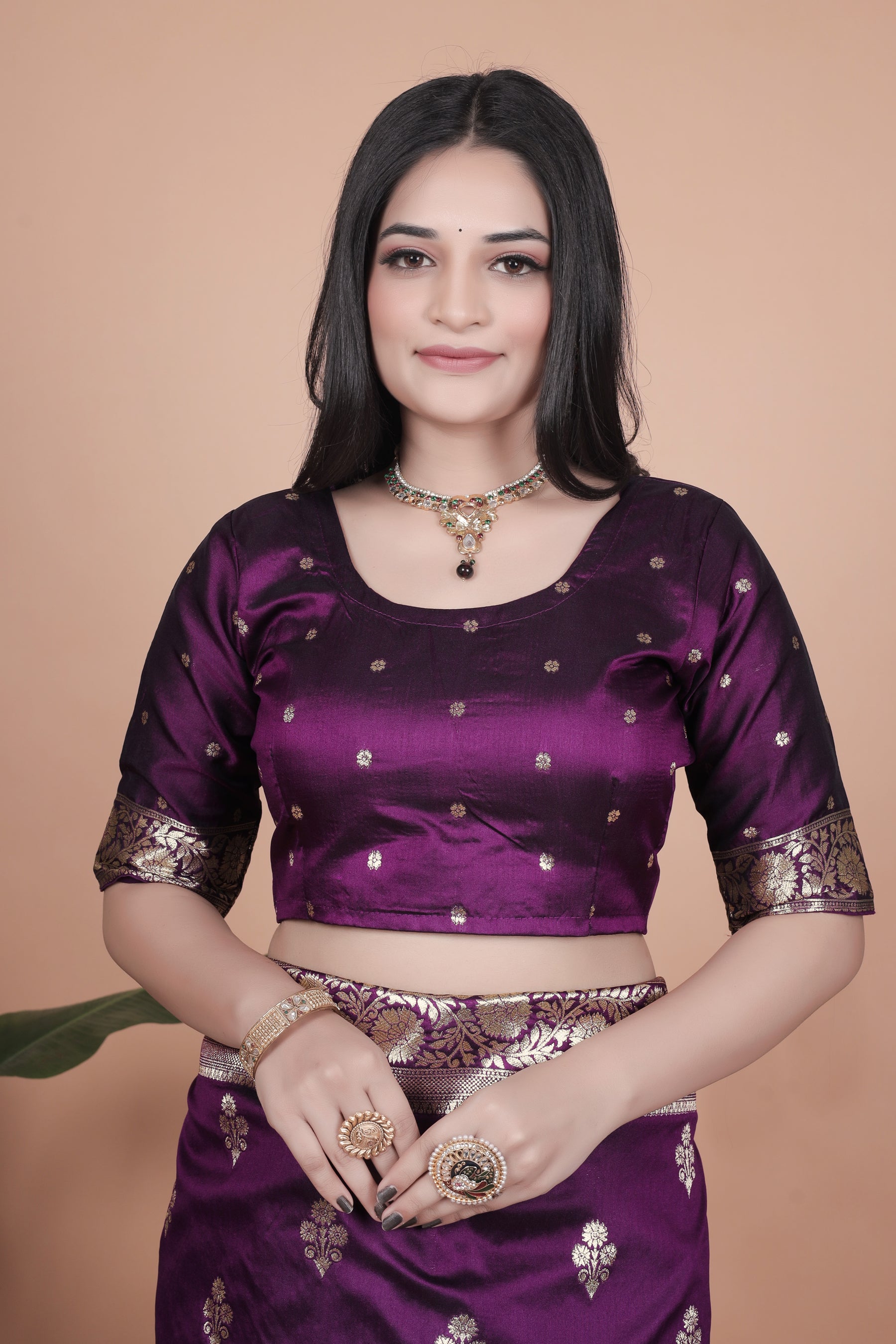 Elegant Purple Silk Saree with Peacock Design and Golden Border