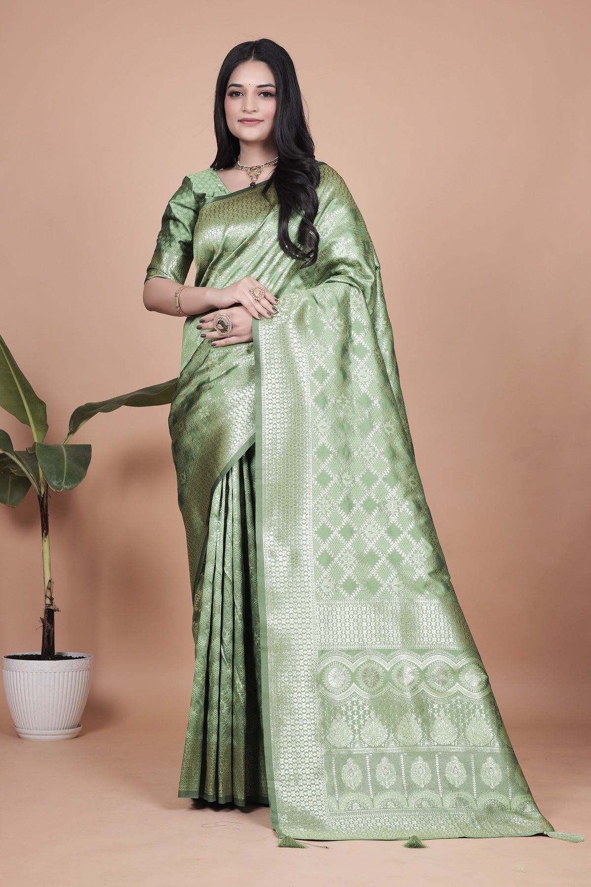 Green Banarasi Silk Saree with Traditional Zari Work and Tassel Detailing – Perfect for Weddings, Festive Occasions, and Parties