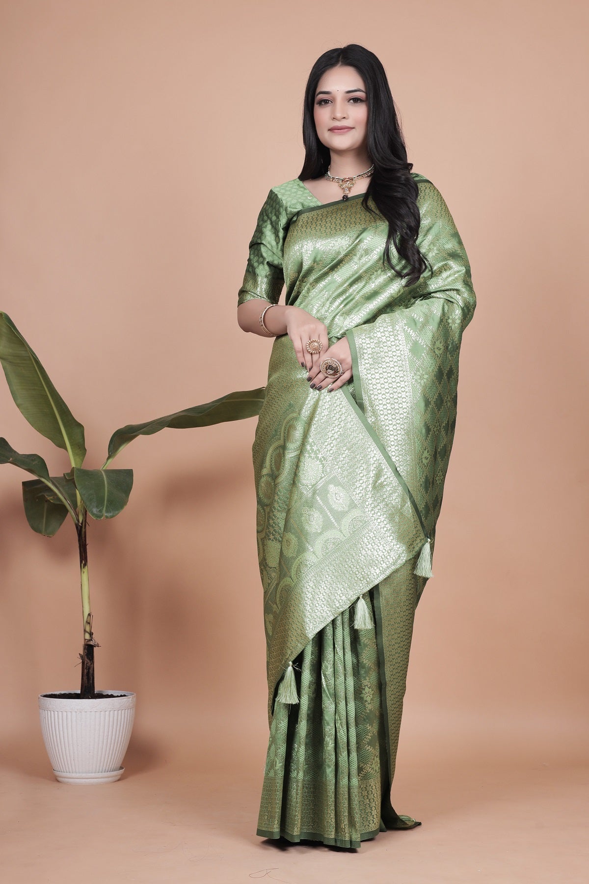 Green Banarasi Silk Saree with Traditional Zari Work and Tassel Detailing – Perfect for Weddings, Festive Occasions, and Parties