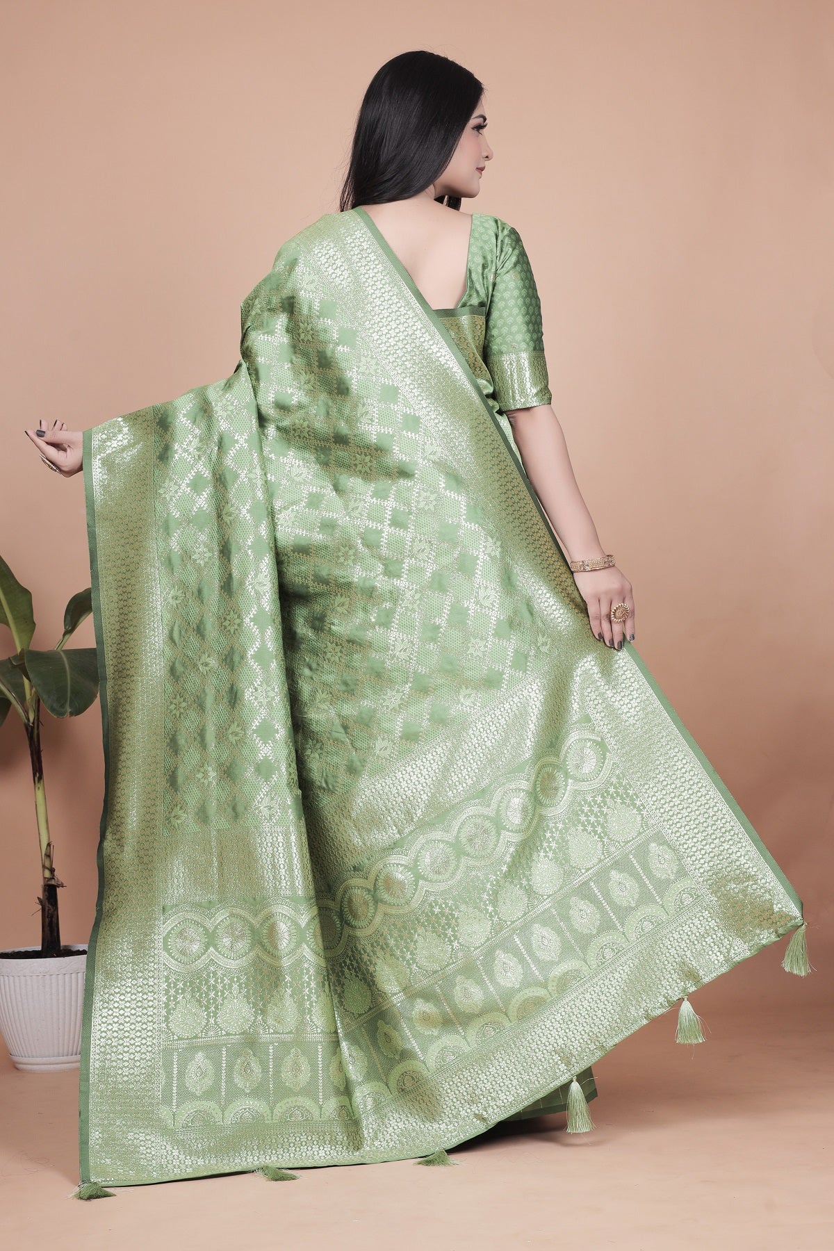 Green Banarasi Silk Saree with Traditional Zari Work and Tassel Detailing – Perfect for Weddings, Festive Occasions, and Parties