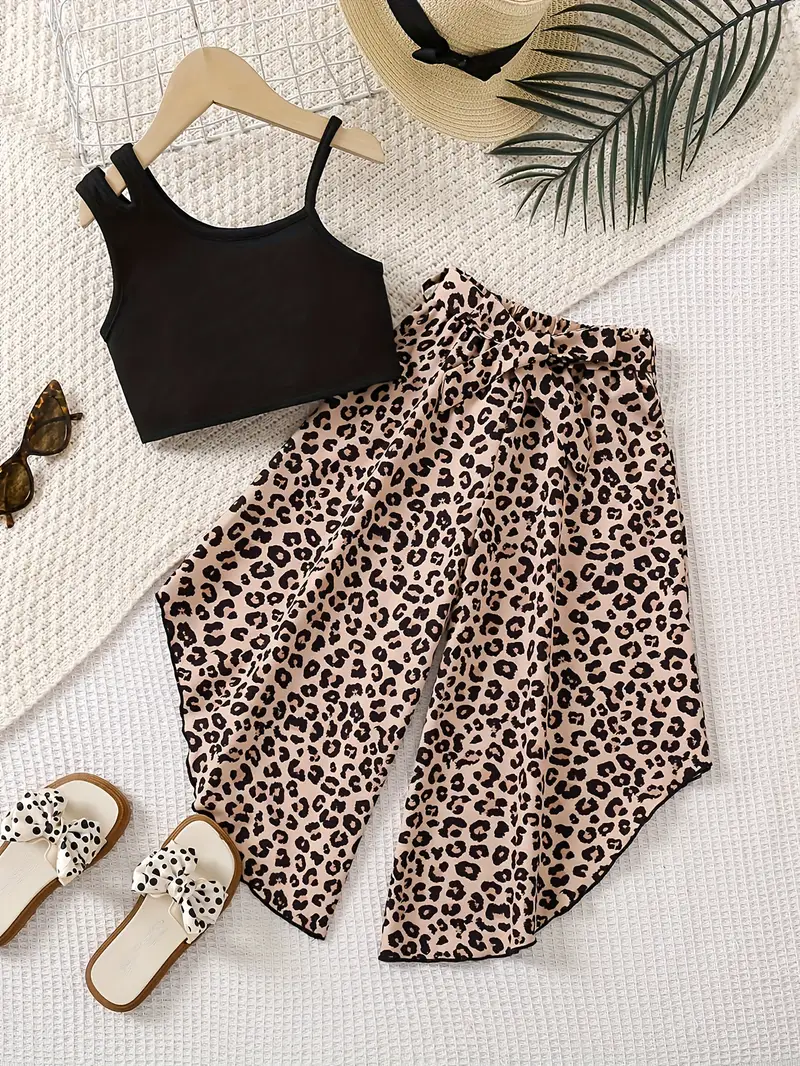 Girls Leopard Print Wrap Skirt & Black Cropped Top Set