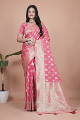 Elegant Pink Banarasi Silk Saree with Golden Zari Work & Tassel Border