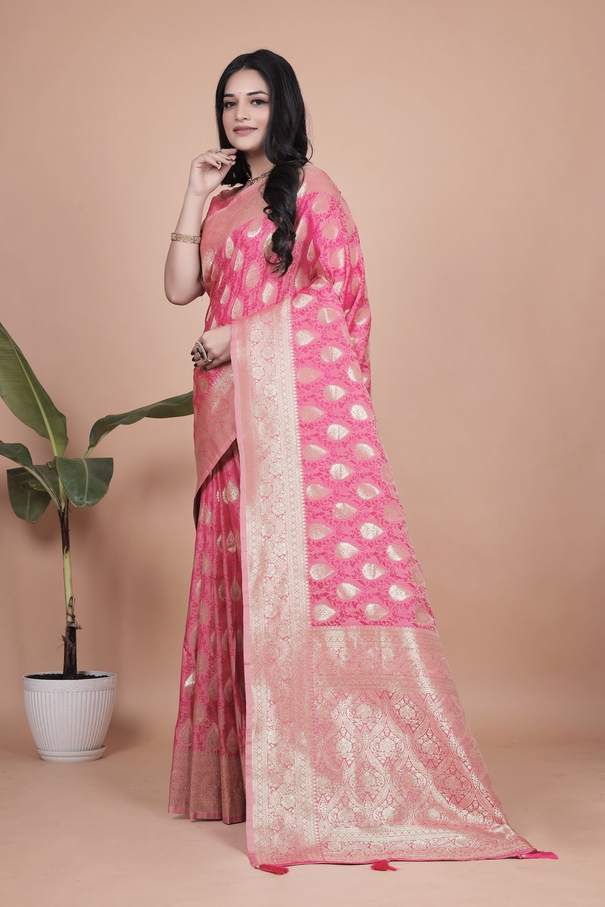 Elegant Pink Banarasi Silk Saree with Golden Zari Work & Tassel Border