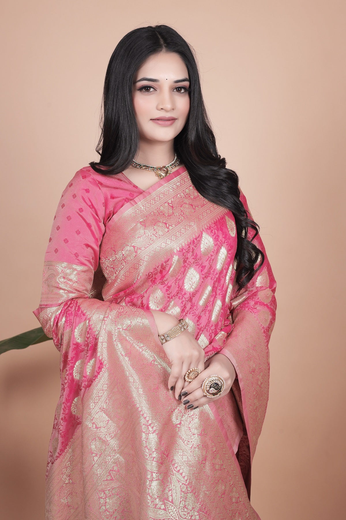 Elegant Pink Banarasi Silk Saree with Golden Zari Work & Tassel Border