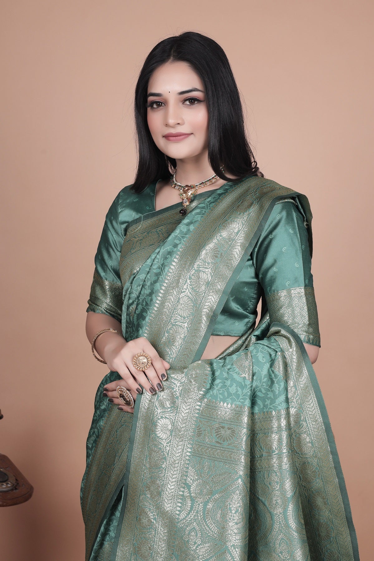 Exquisite Green Silk Saree with Gold Zari Work – Indian Wedding Saree