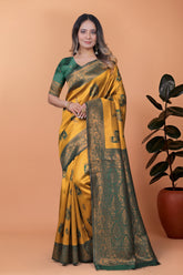 Exquisite Gold and Green Silk Saree with Golden Zari Border – Wedding & Party Wear Saree