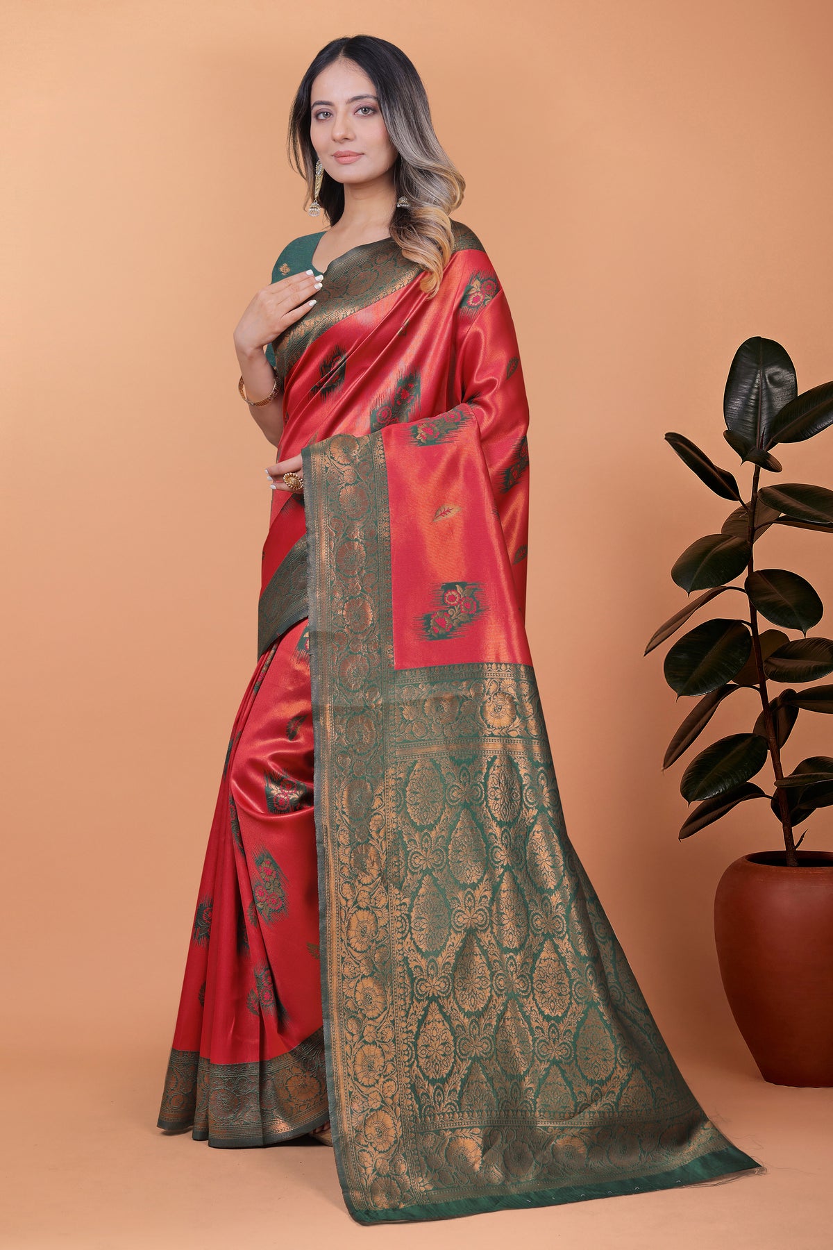 Elegant Red and Green Silk Saree with Golden Zari Work – Traditional Indian Sari for Women