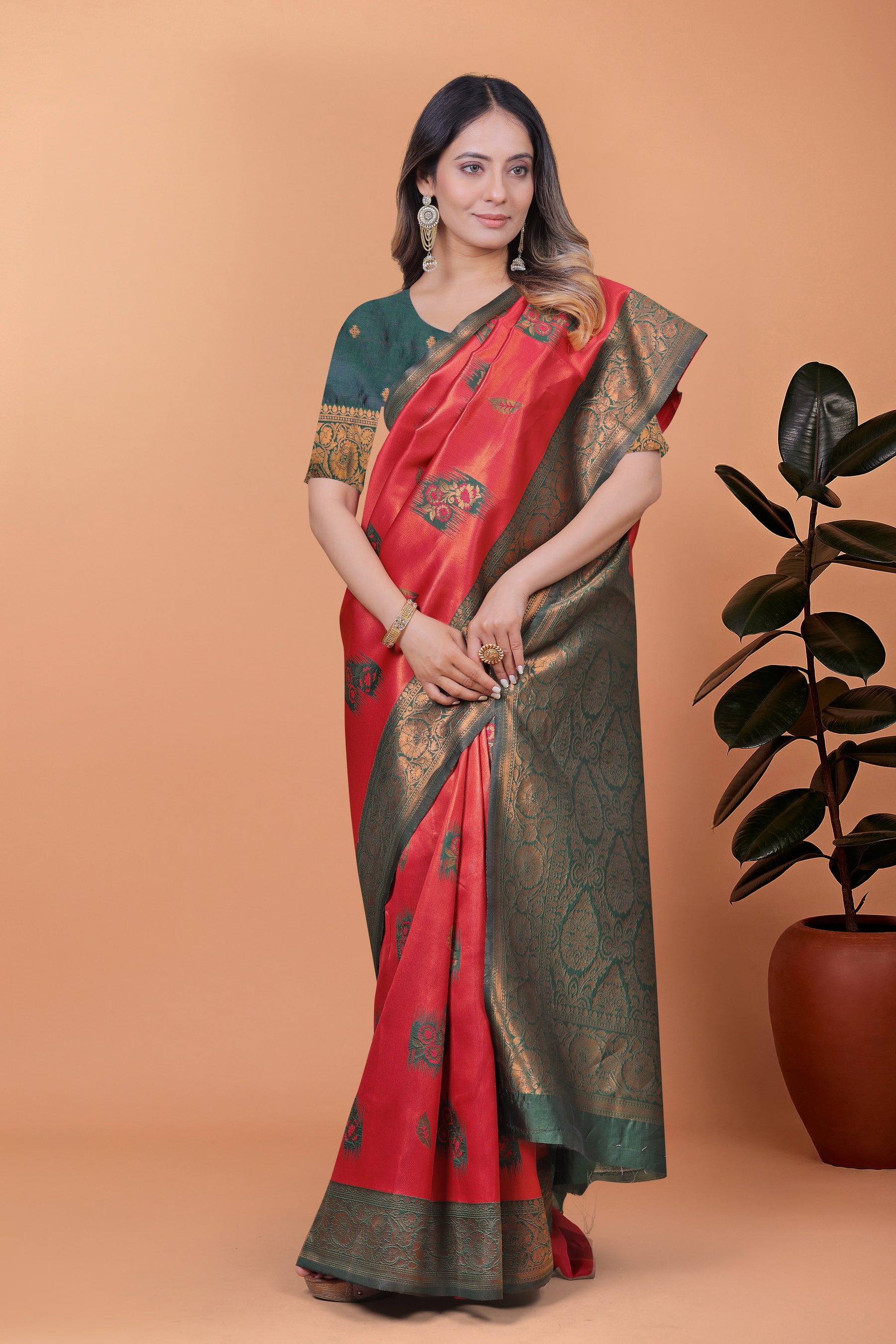Elegant Red and Green Silk Saree with Golden Zari Work – Traditional Indian Sari for Women