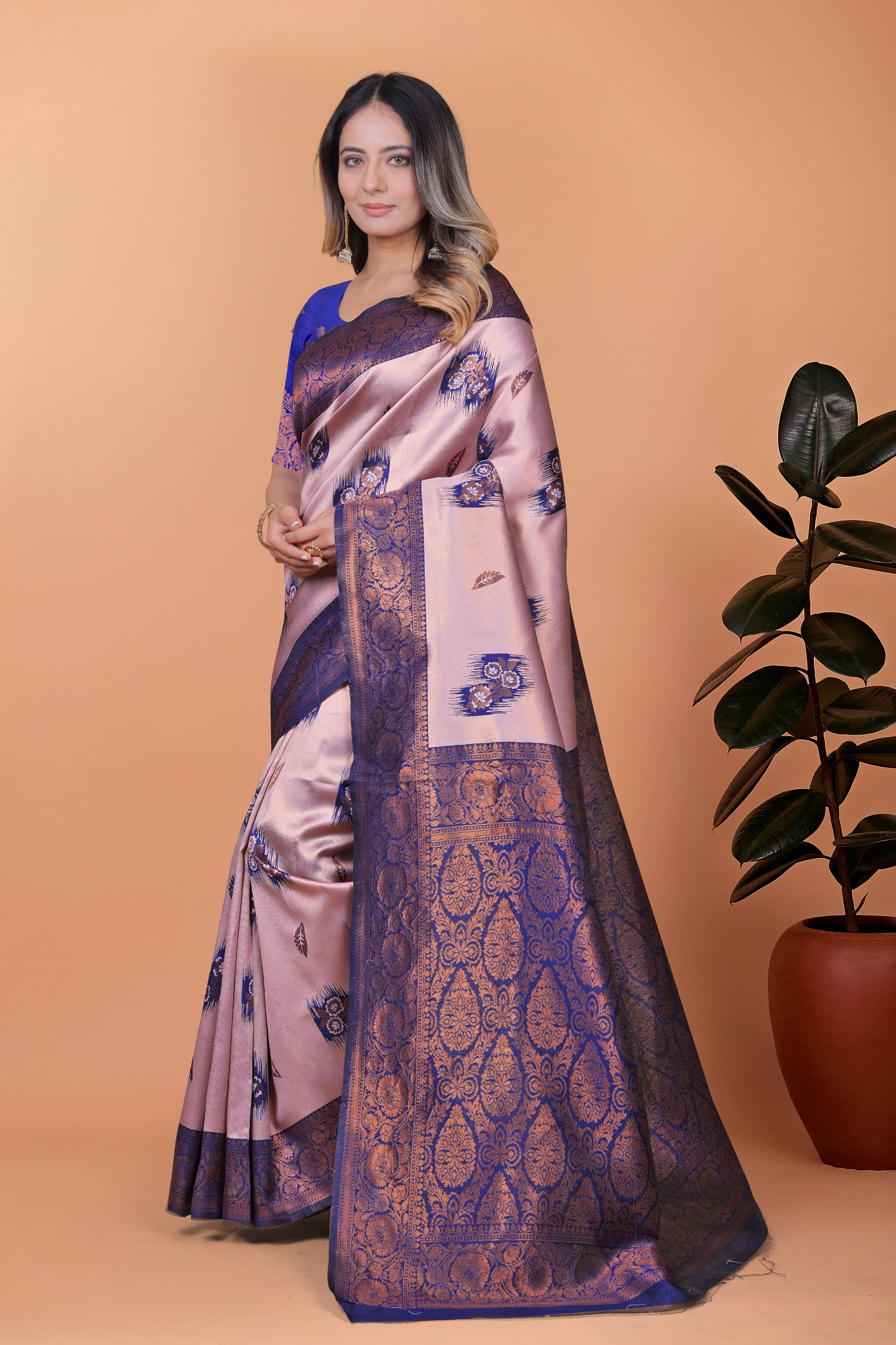 Stunning Pink and Blue Silk Saree with Golden Zari Work – Ideal for Festivals and Celebrations