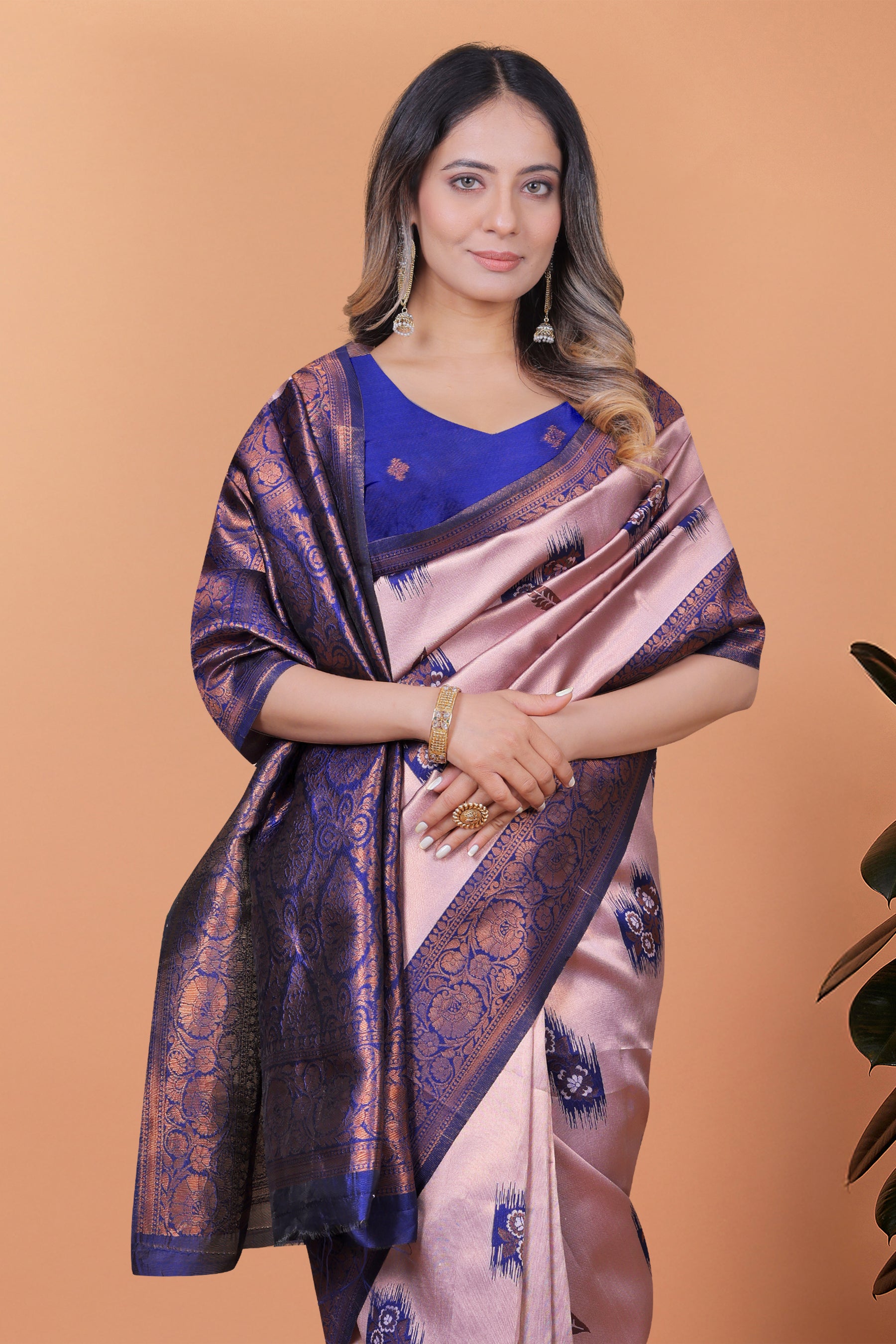 Stunning Pink and Blue Silk Saree with Golden Zari Work – Ideal for Festivals and Celebrations