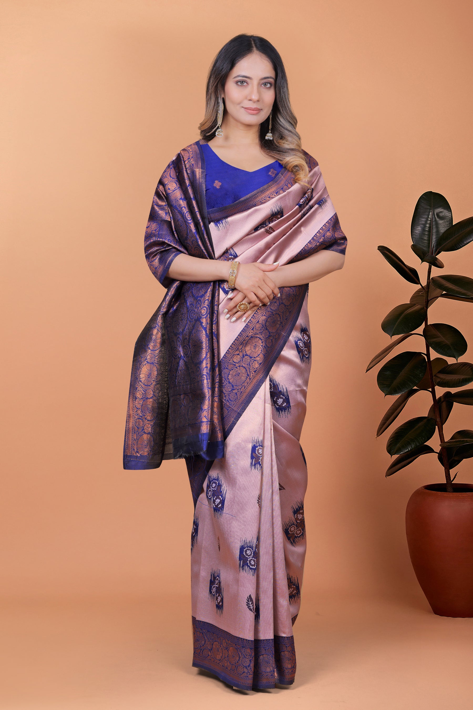 Stunning Pink and Blue Silk Saree with Golden Zari Work – Ideal for Festivals and Celebrations