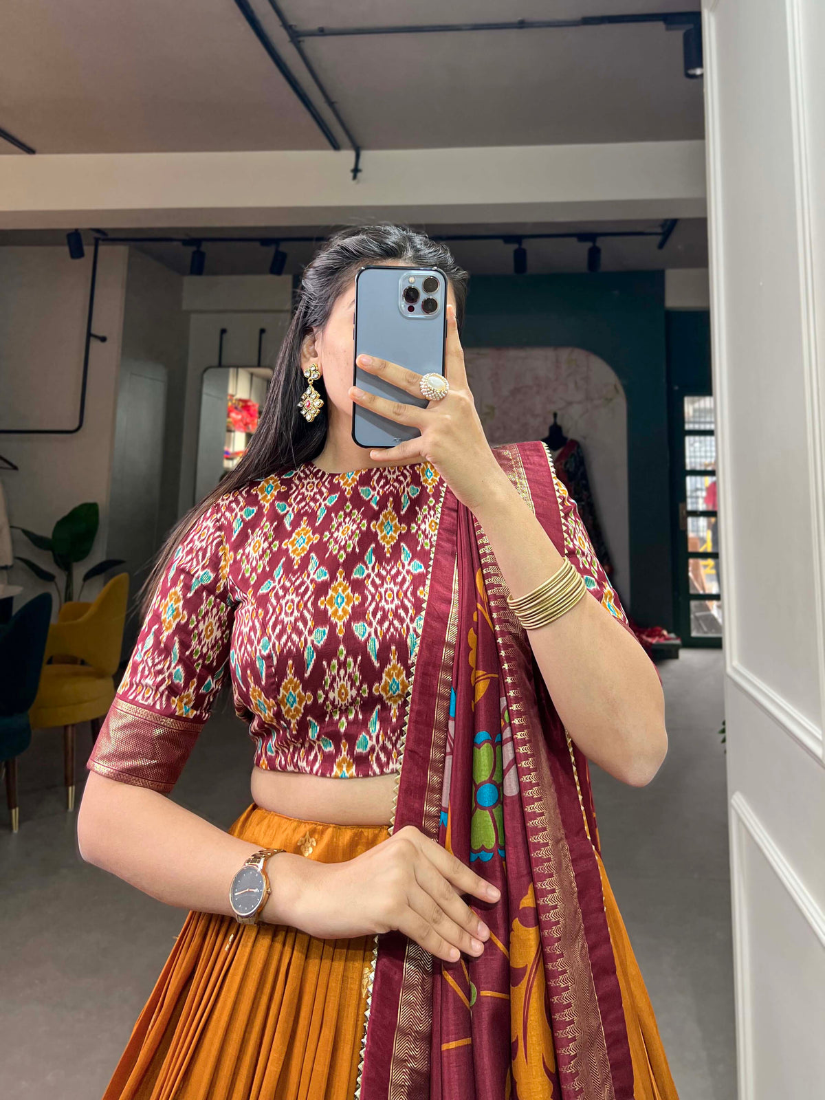 Mustard & Maroon Silk Blend Lehenga Set with Brocade Blouse & Printed Dupatta