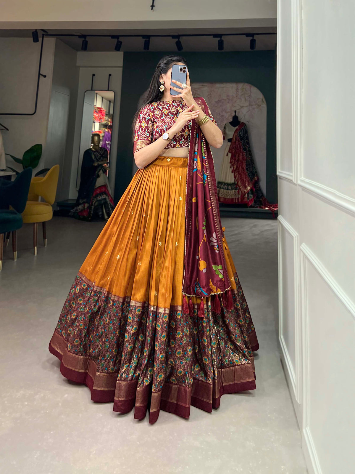 Mustard & Maroon Silk Blend Lehenga Set with Brocade Blouse & Printed Dupatta