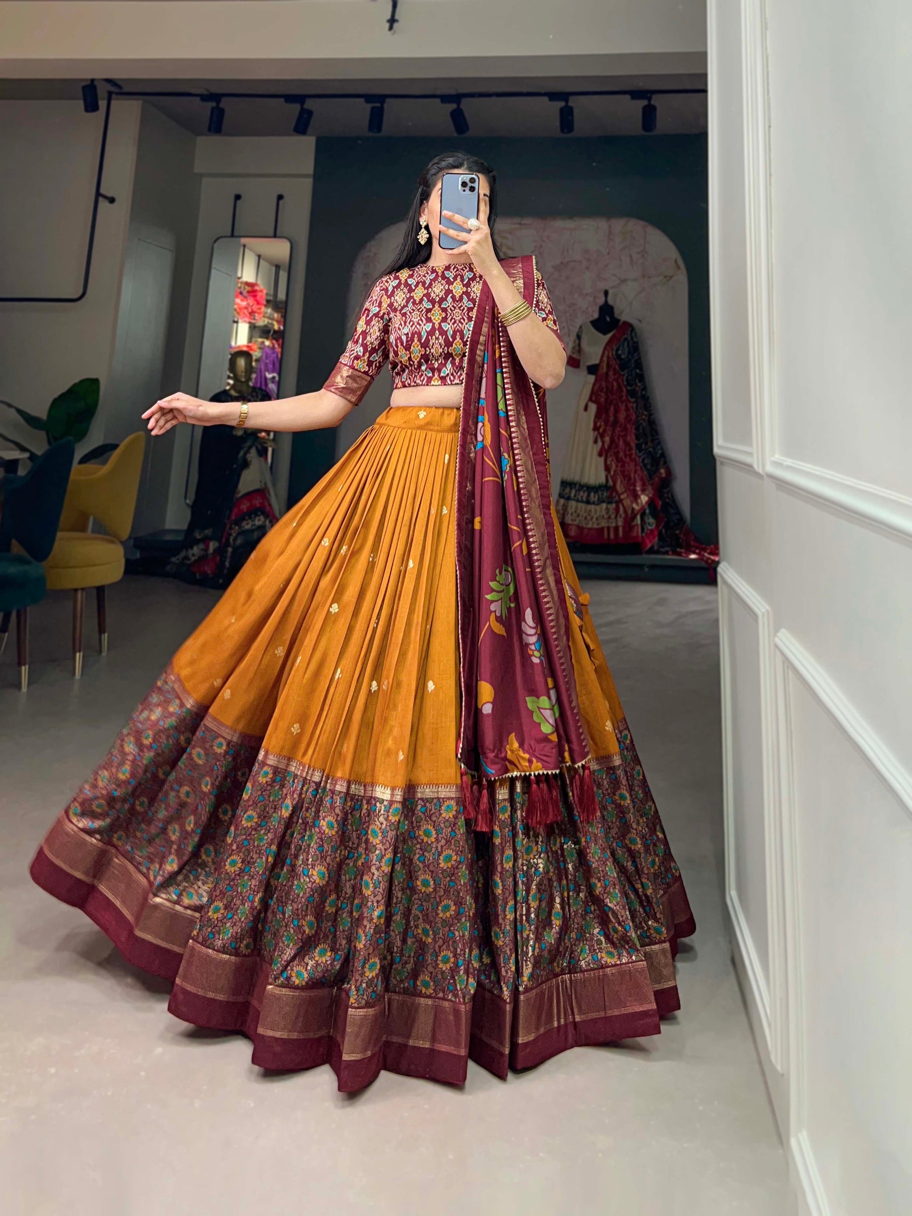 Mustard & Maroon Silk Blend Lehenga Set with Brocade Blouse & Printed Dupatta