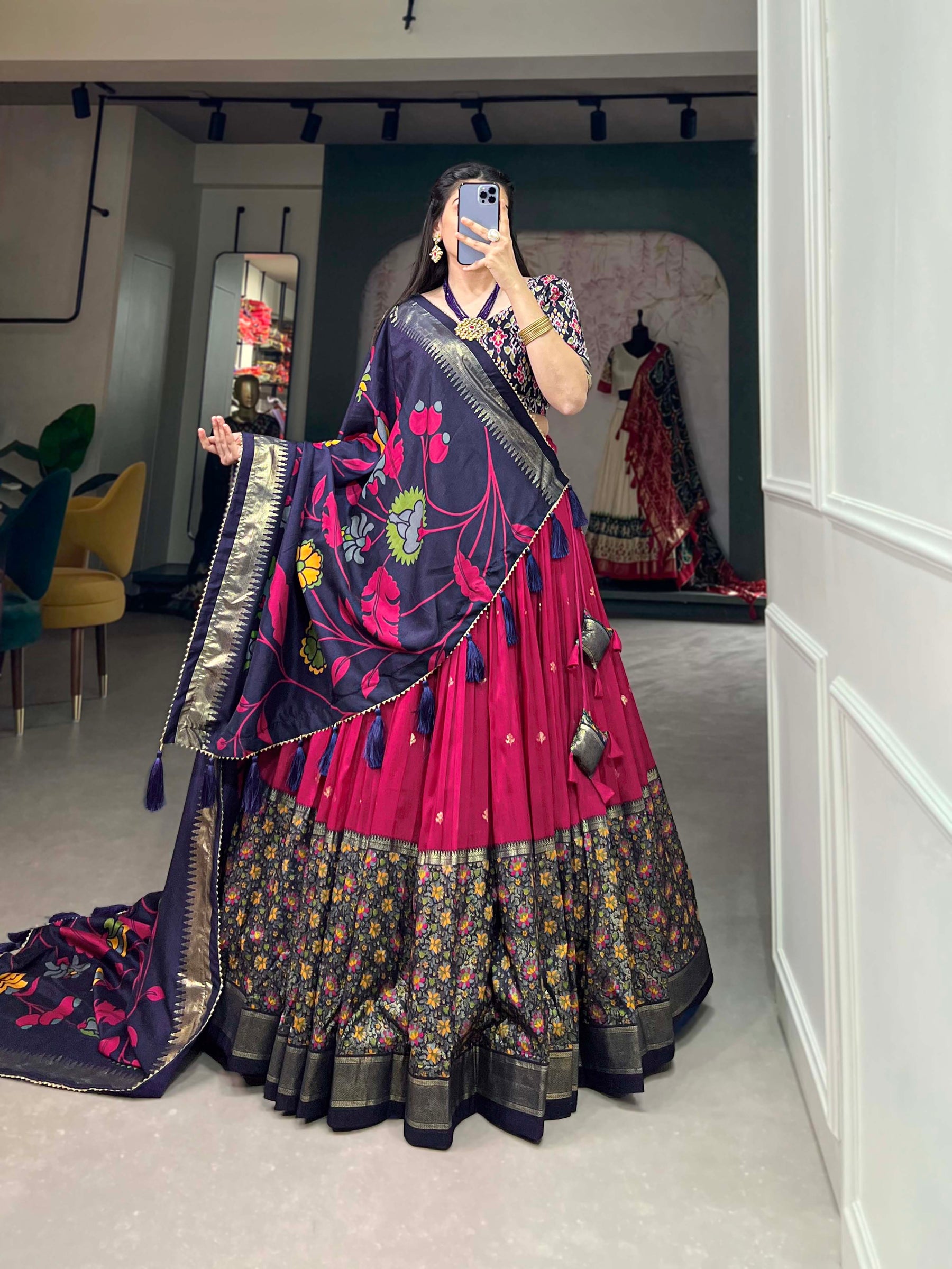 Pink & Blue Silk Blend Lehenga Set with Brocade Blouse & Printed Dupatta