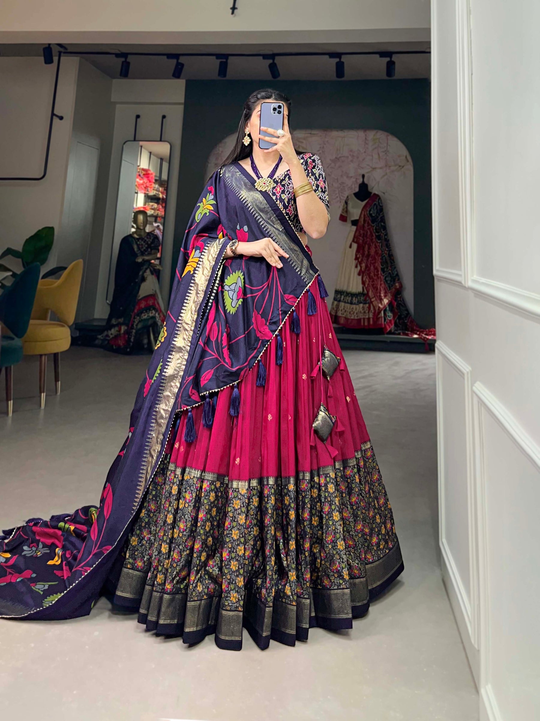Pink & Blue Silk Blend Lehenga Set with Brocade Blouse & Printed Dupatta
