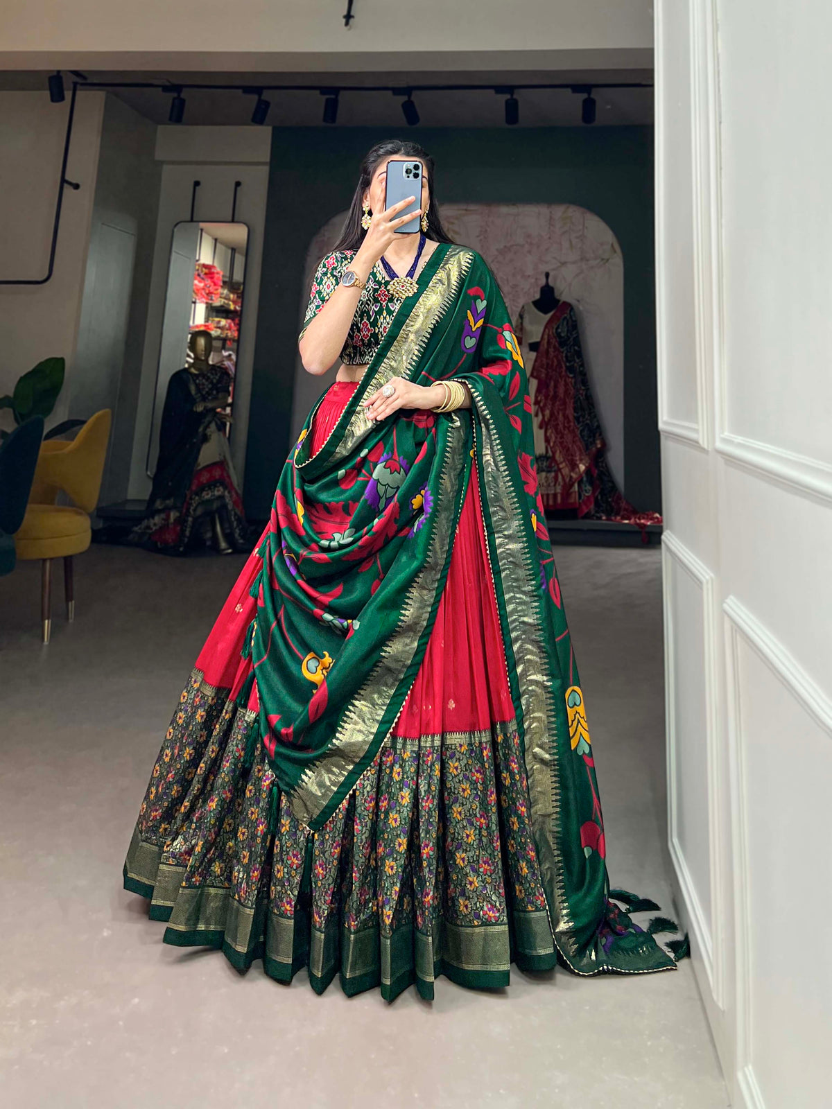 Green & Red Silk Blend Lehenga Set with Brocade Blouse & Printed Dupatta