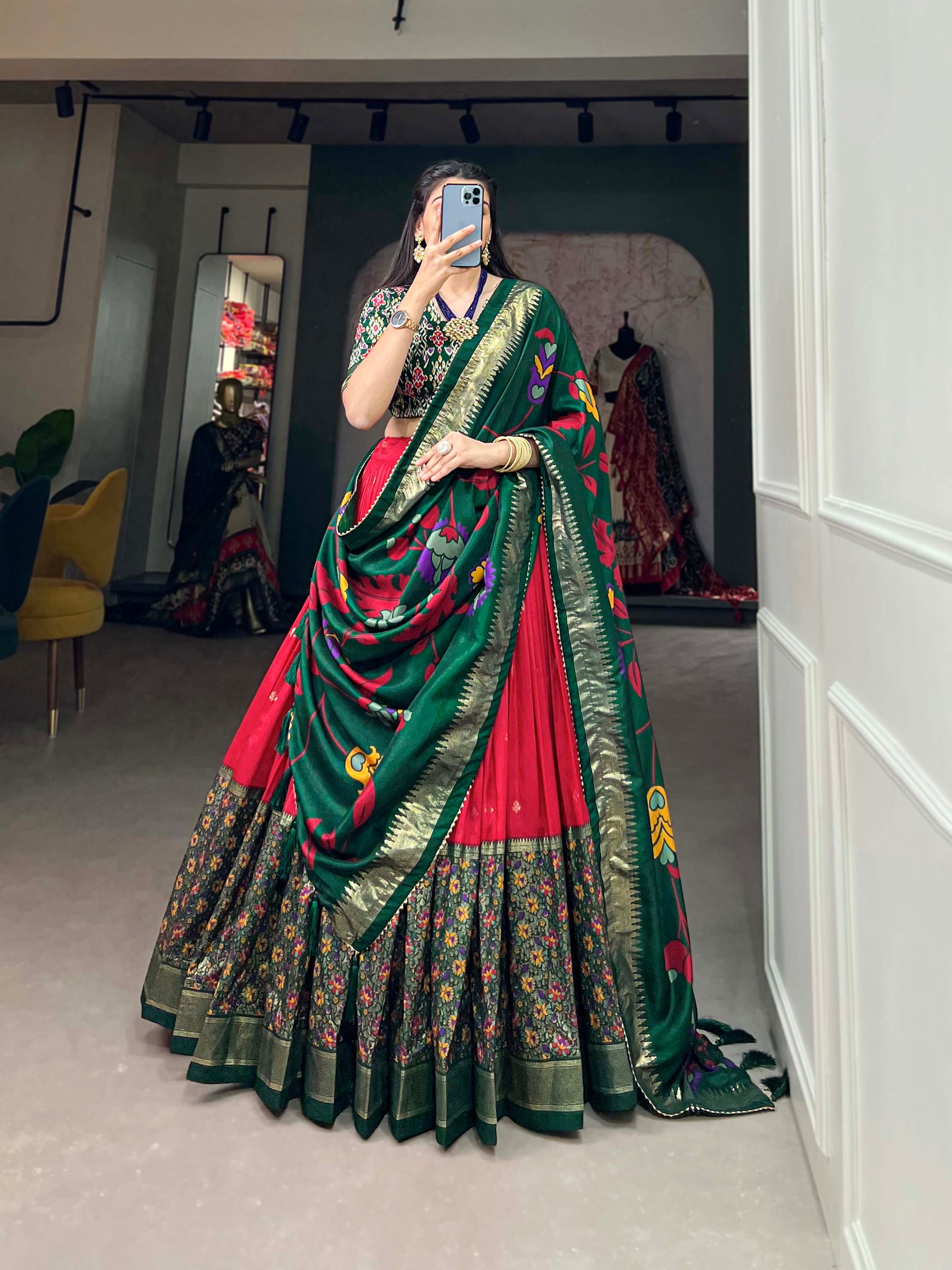 Green & Red Silk Blend Lehenga Set with Brocade Blouse & Printed Dupatta