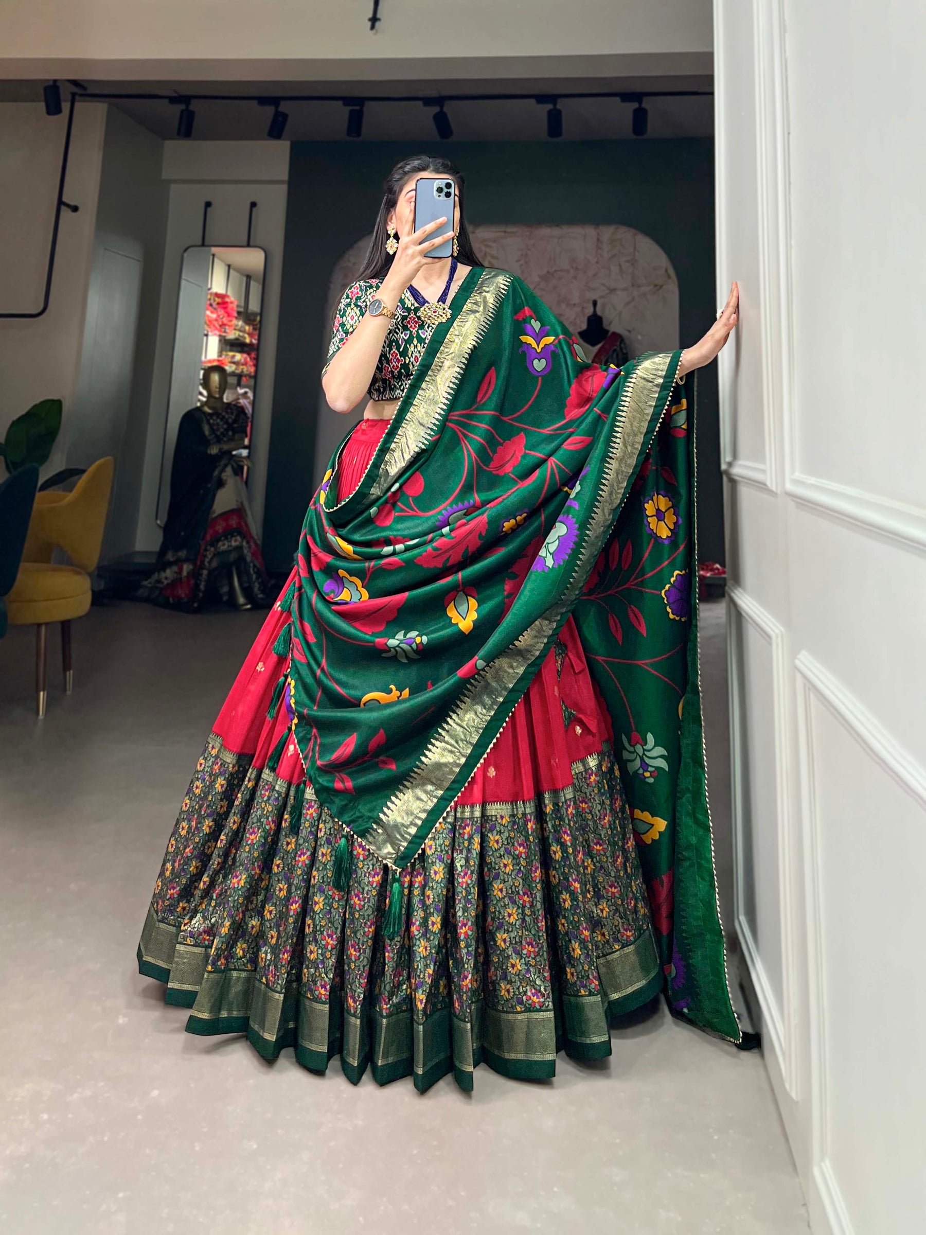 Green & Red Silk Blend Lehenga Set with Brocade Blouse & Printed Dupatta