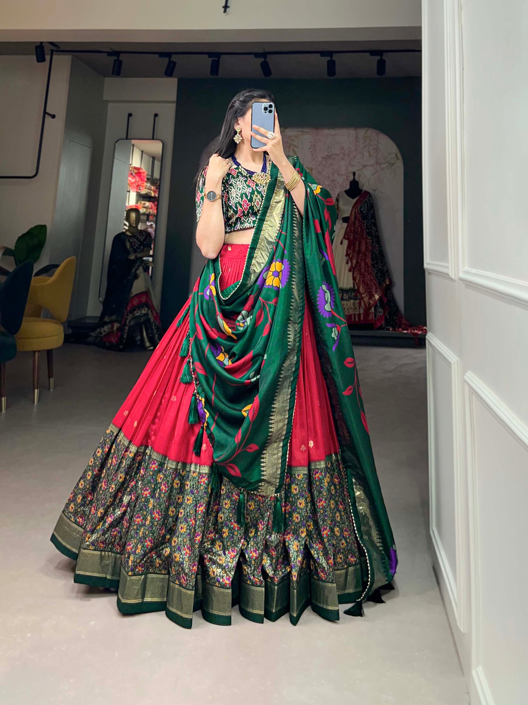 Green & Red Silk Blend Lehenga Set with Brocade Blouse & Printed Dupatta