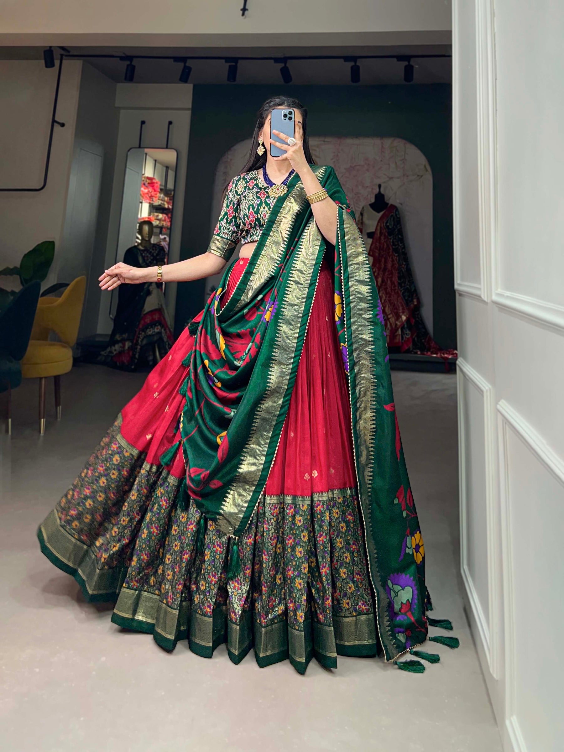 Green & Red Silk Blend Lehenga Set with Brocade Blouse & Printed Dupatta