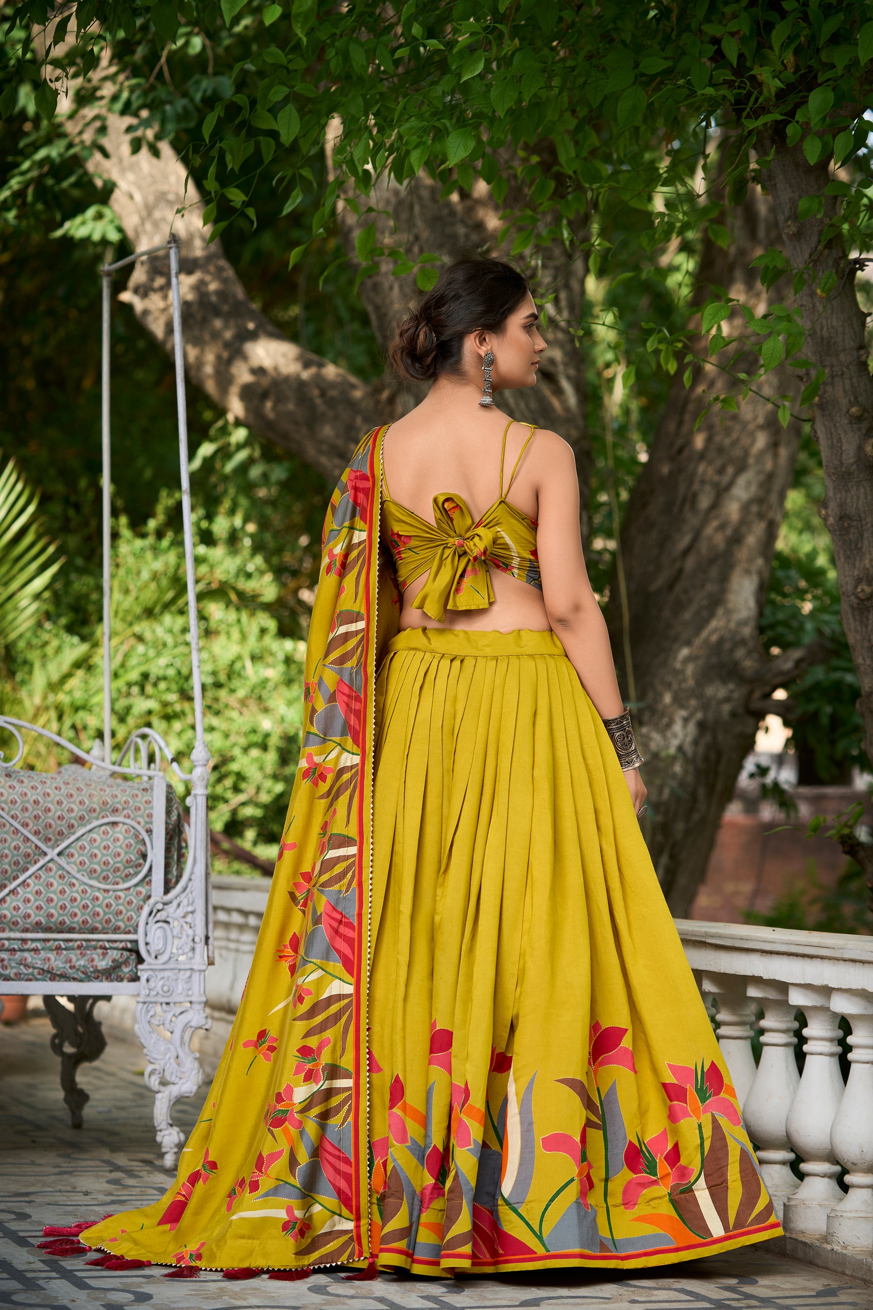 Elegant Mustard Yellow Lehenga Choli with Bold Floral Print – Cotton Blend