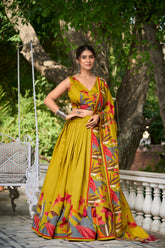 Elegant Mustard Yellow Lehenga Choli with Bold Floral Print – Cotton Blend