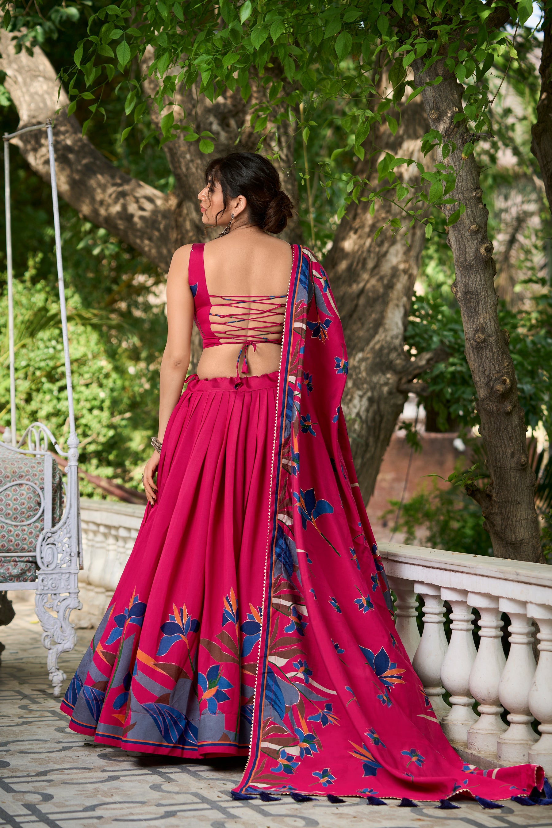 Elegant Pink Lehenga Choli with Bold Floral Print – Cotton Blend