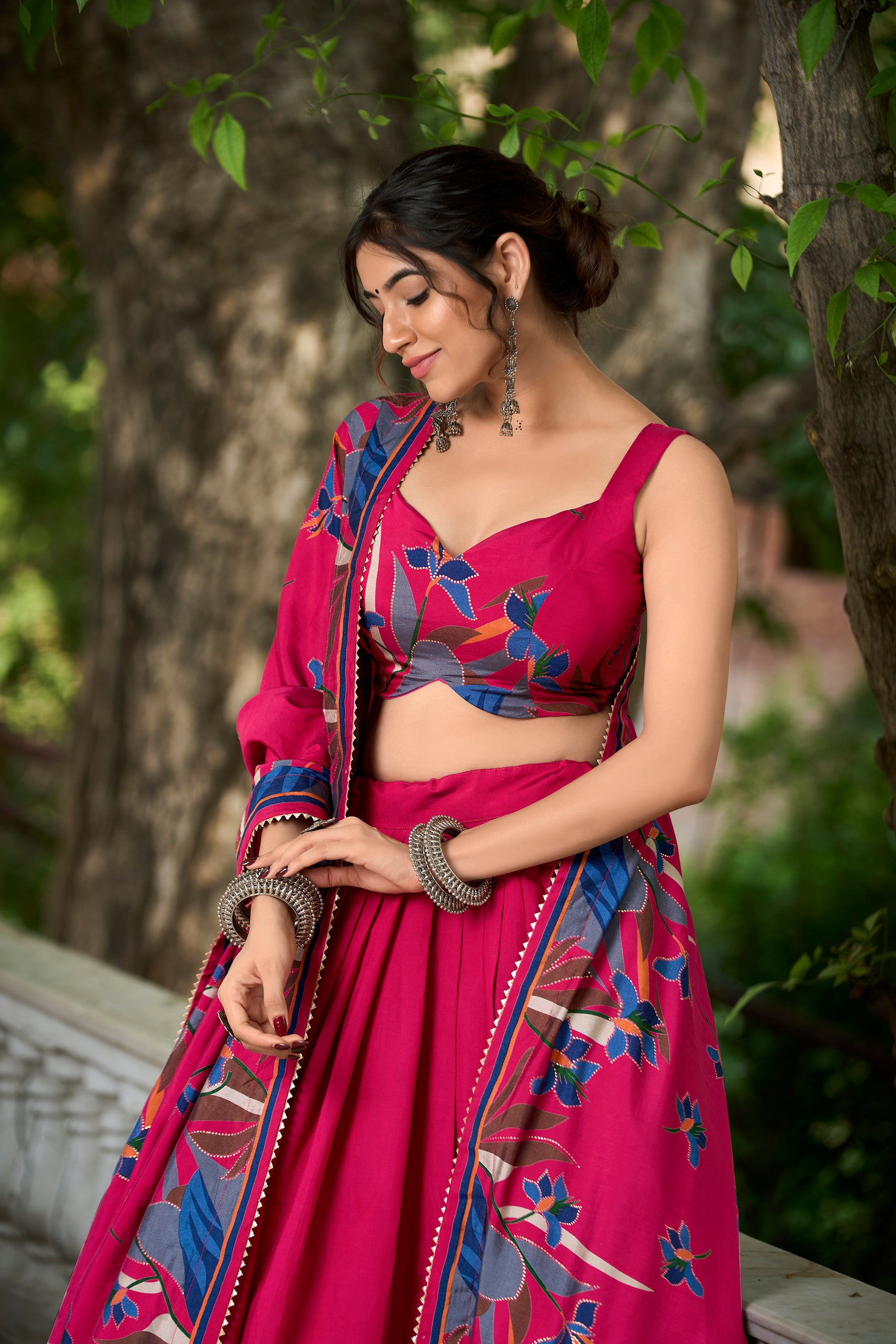 Elegant Pink Lehenga Choli with Bold Floral Print – Cotton Blend