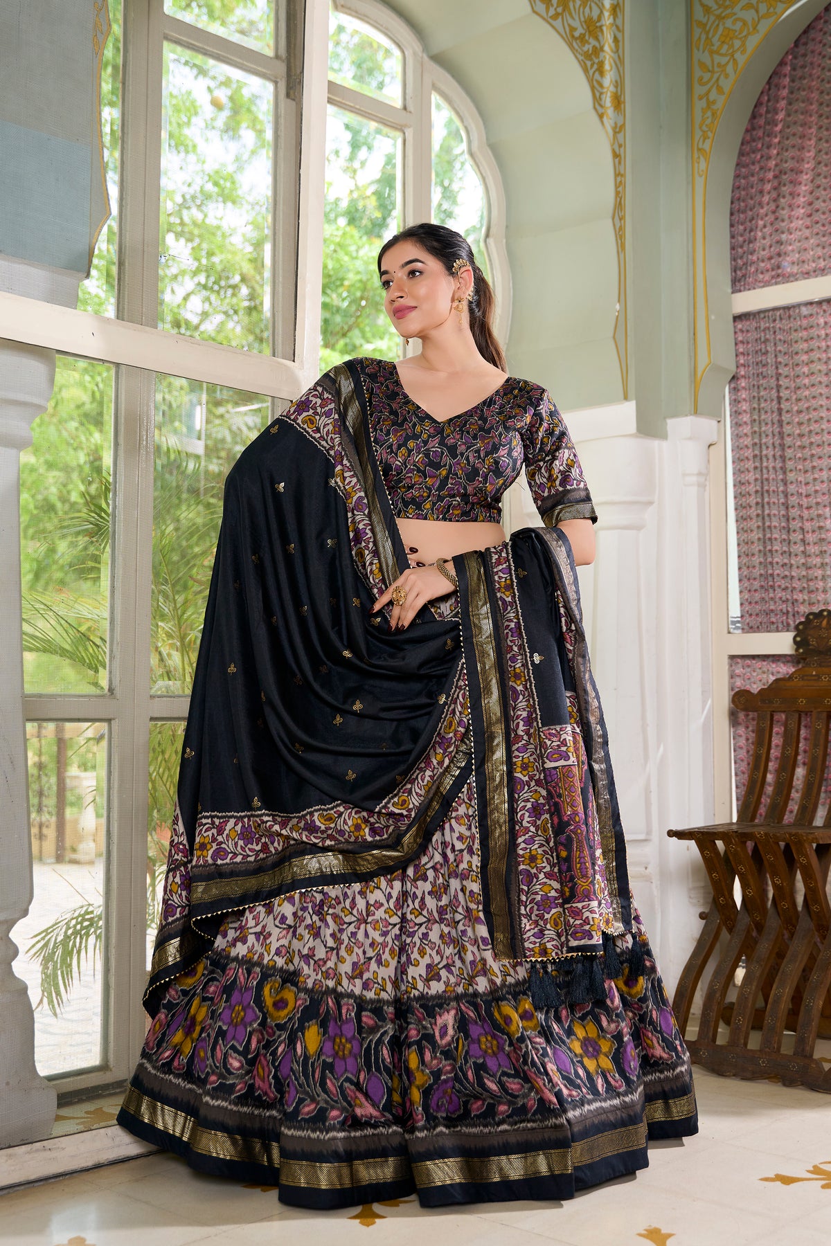Black Multicolor Floral Print Lehenga Set with Dupatta – Designer Ethnic Wear