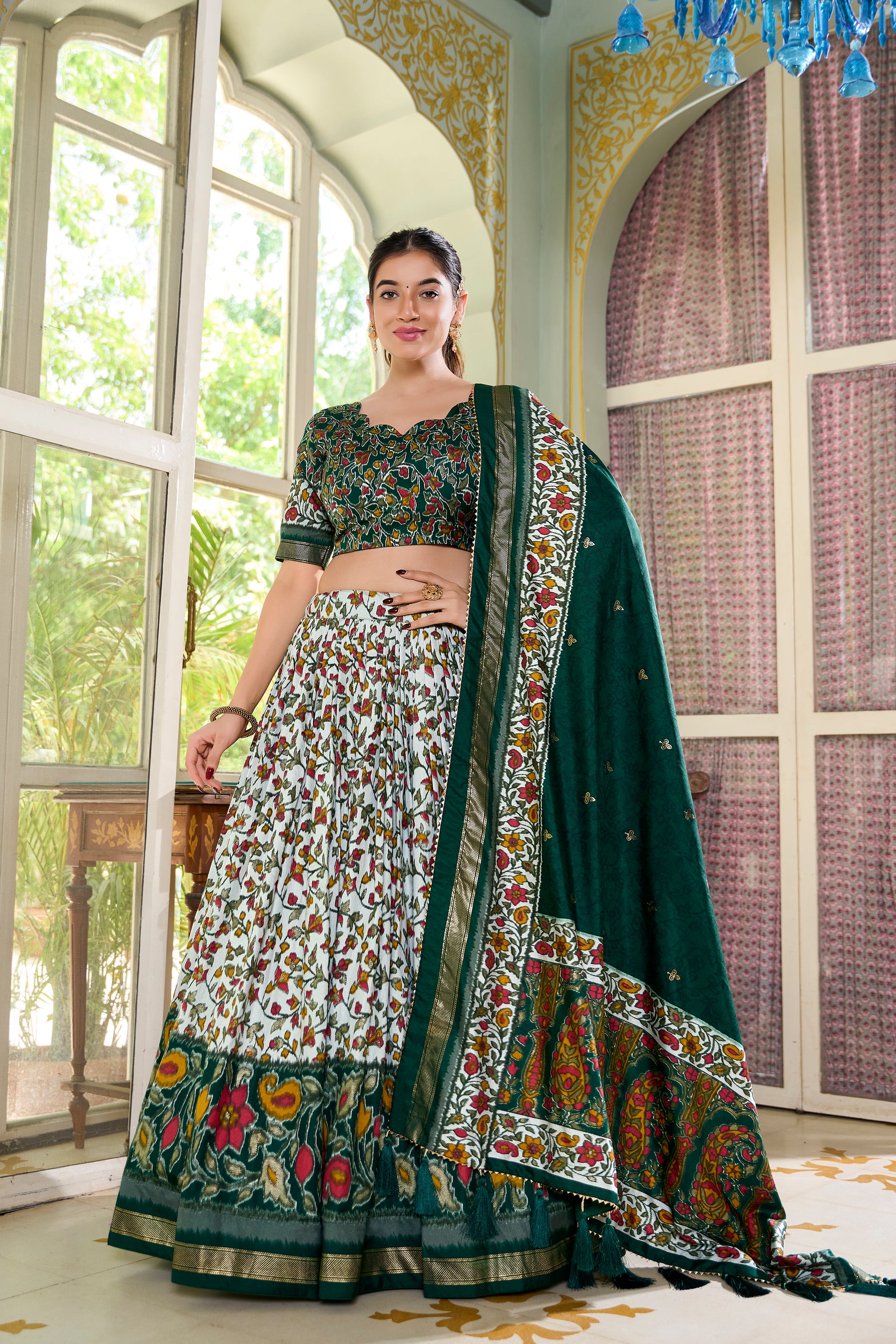 Green Multicolor Floral Print Lehenga Set with Dupatta – Designer Ethnic Wear