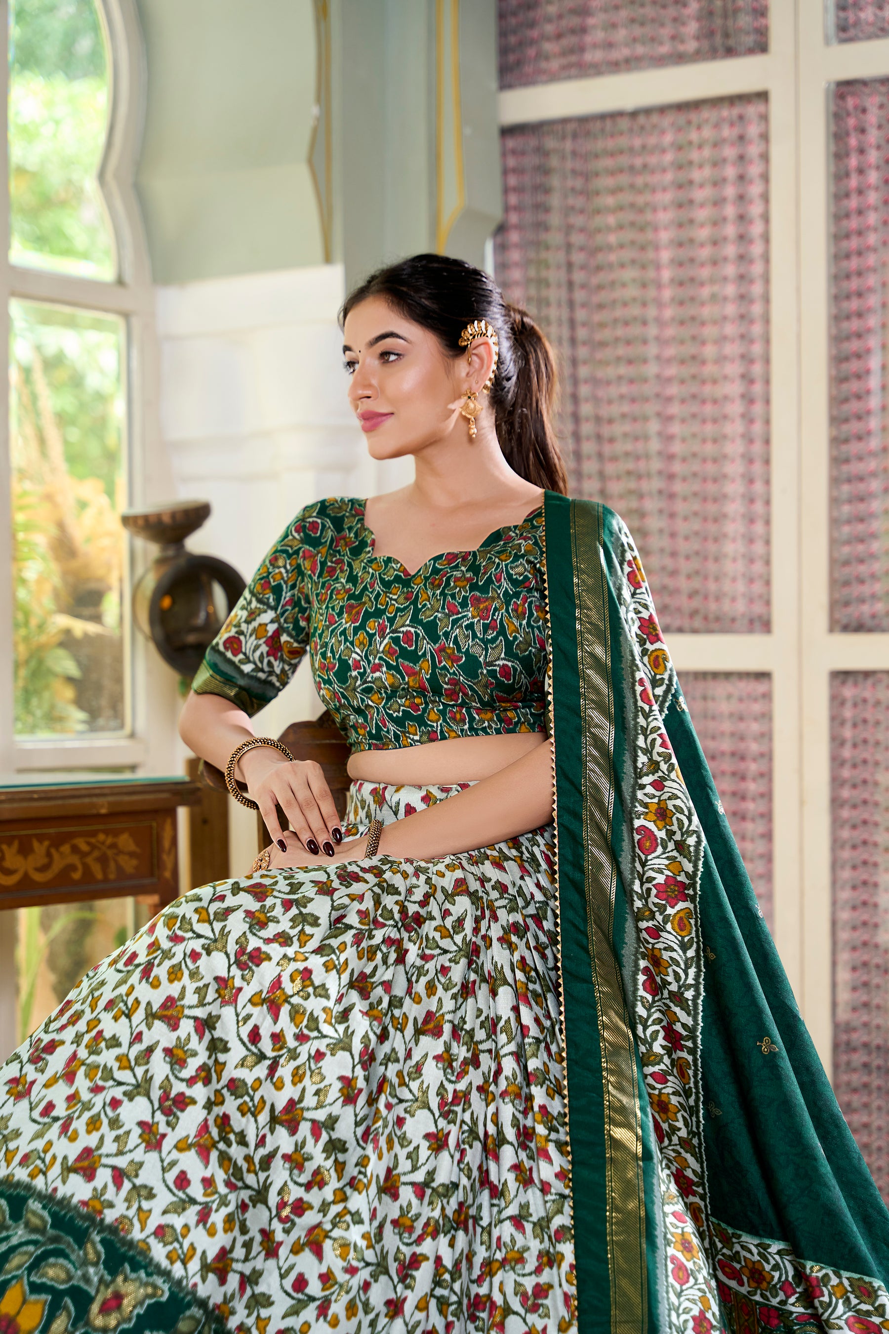 Green Multicolor Floral Print Lehenga Set with Dupatta – Designer Ethnic Wear