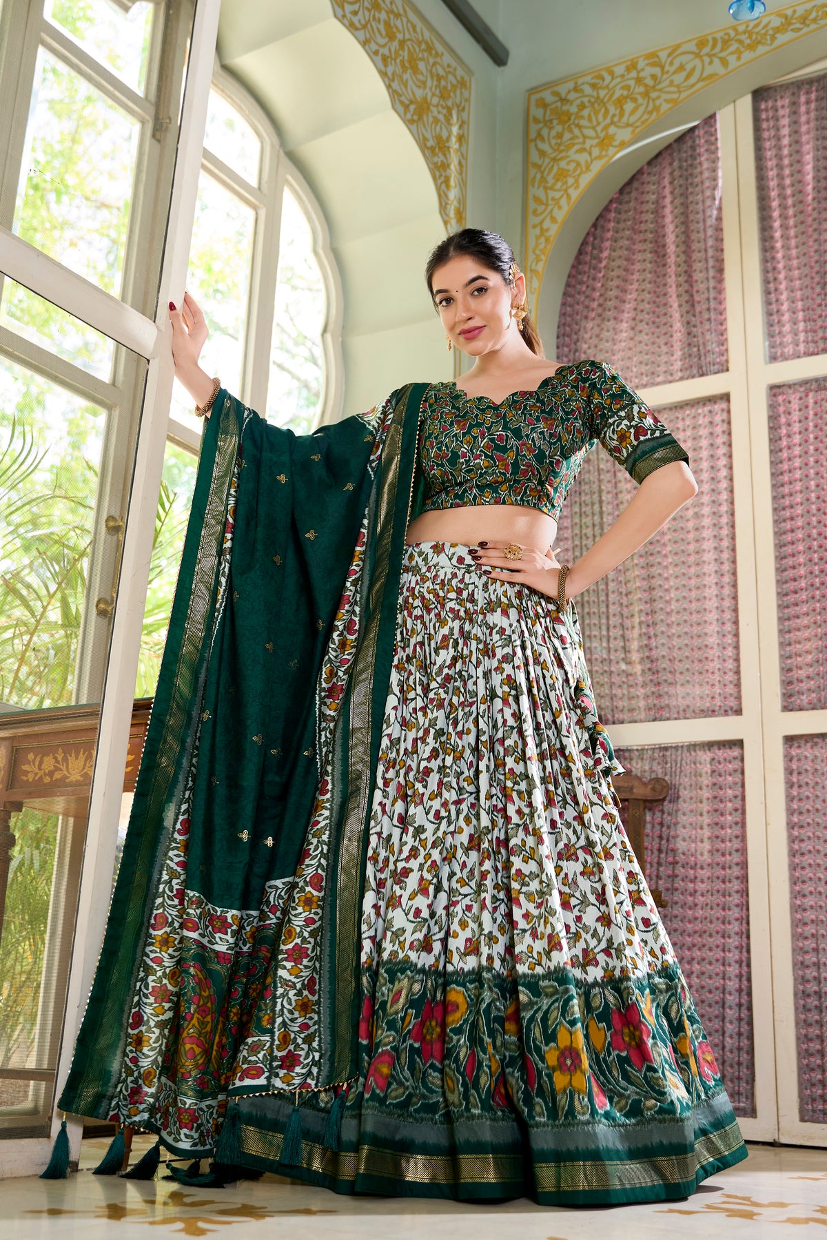 Green Multicolor Floral Print Lehenga Set with Dupatta – Designer Ethnic Wear