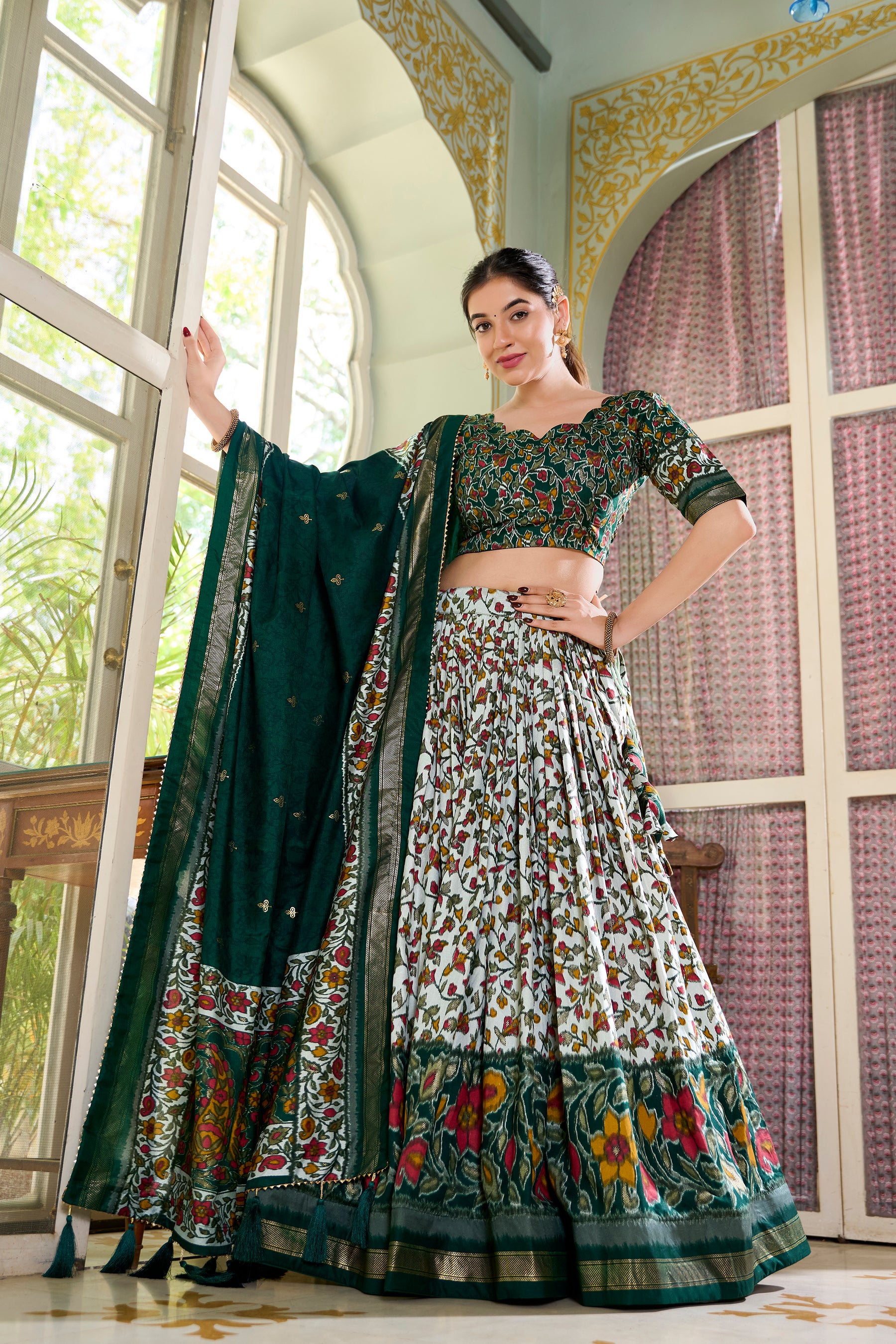 Green Multicolor Floral Print Lehenga Set with Dupatta – Designer Ethnic Wear
