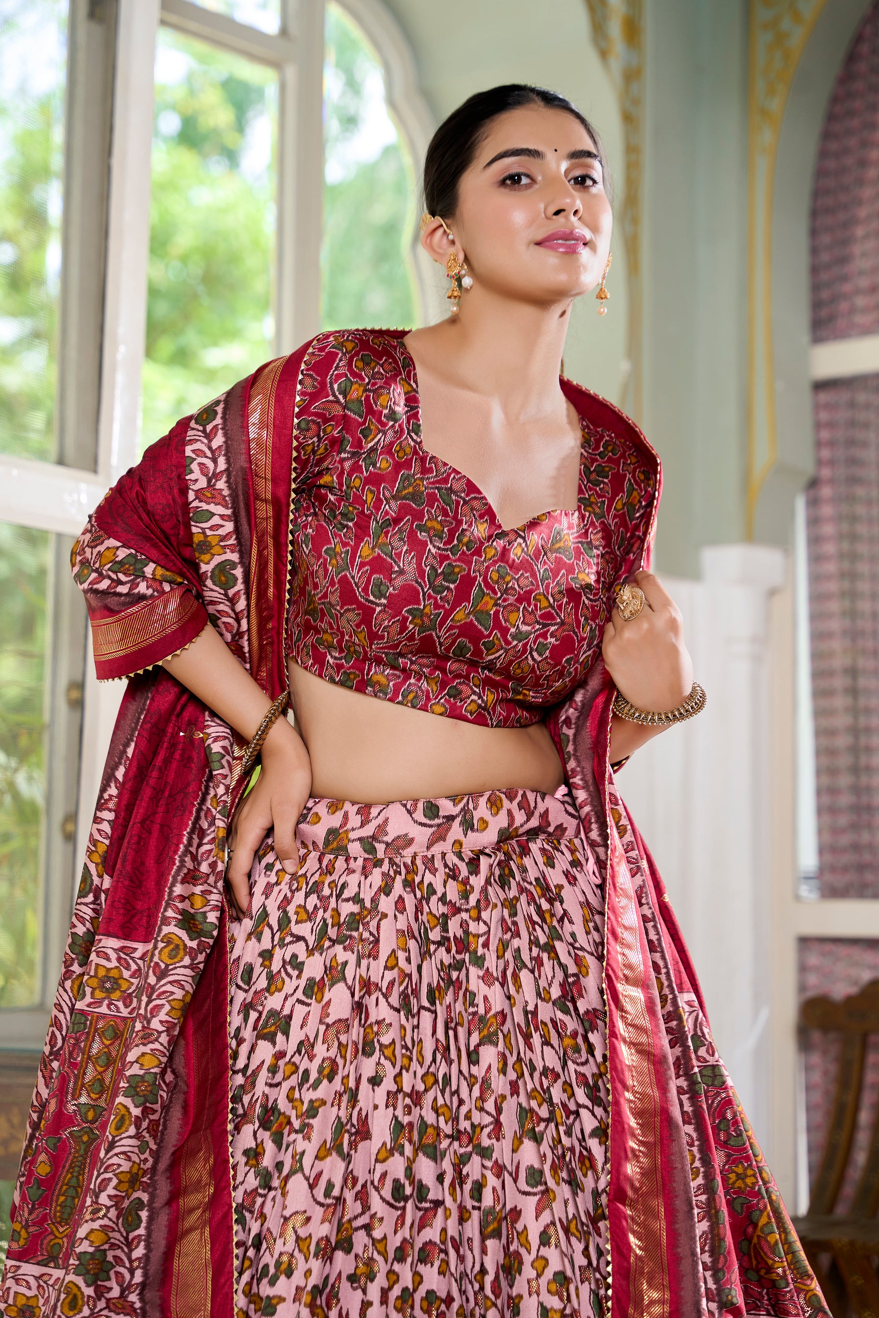 Maroon Multicolor Floral Print Lehenga Set with Dupatta – Designer Ethnic Wear