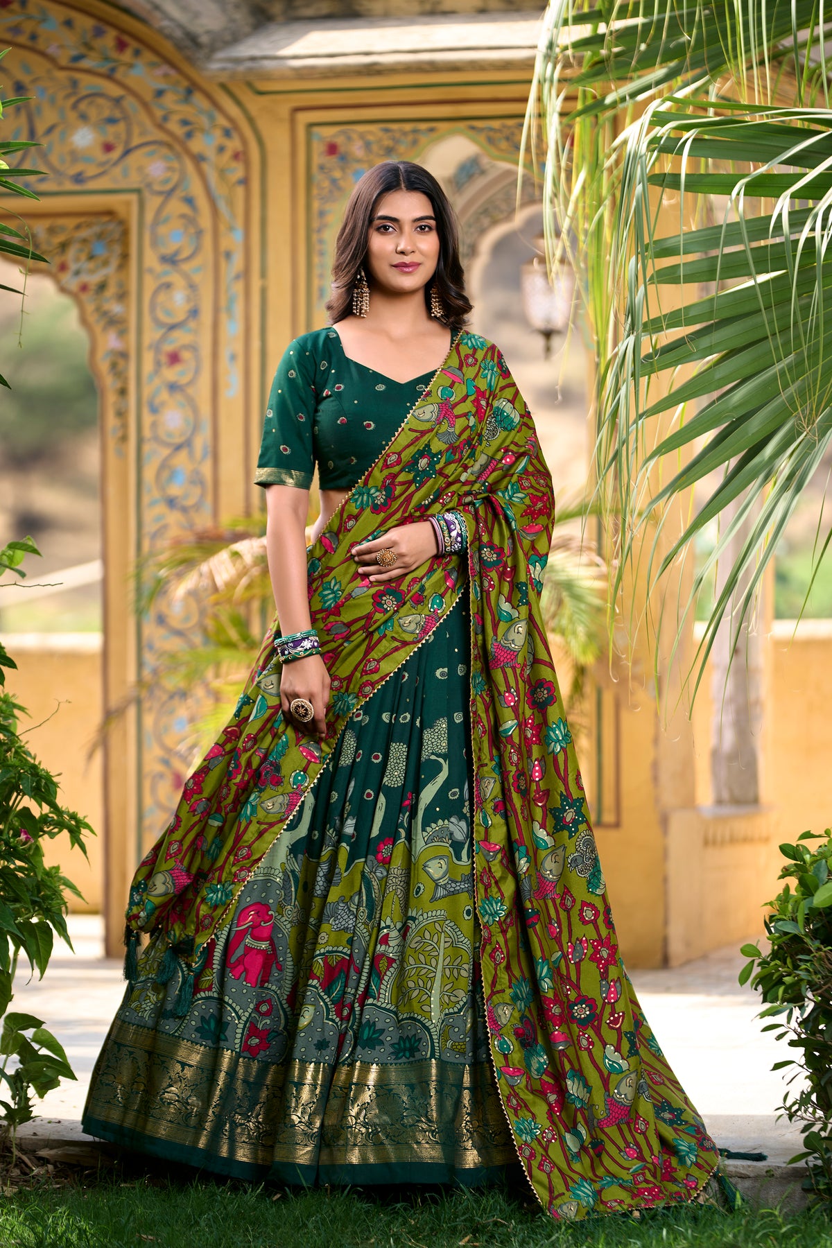 Designer Green Ethnic Lehenga Choli with Elephant & Floral Print