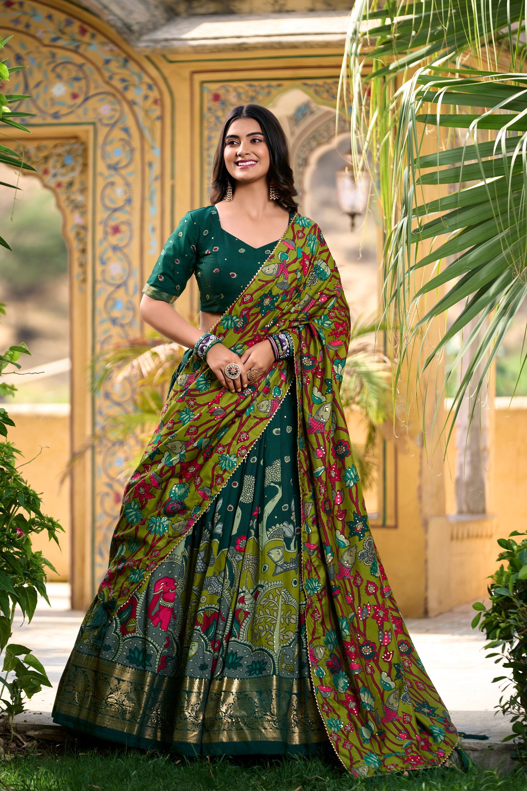 Designer Green Ethnic Lehenga Choli with Elephant & Floral Print