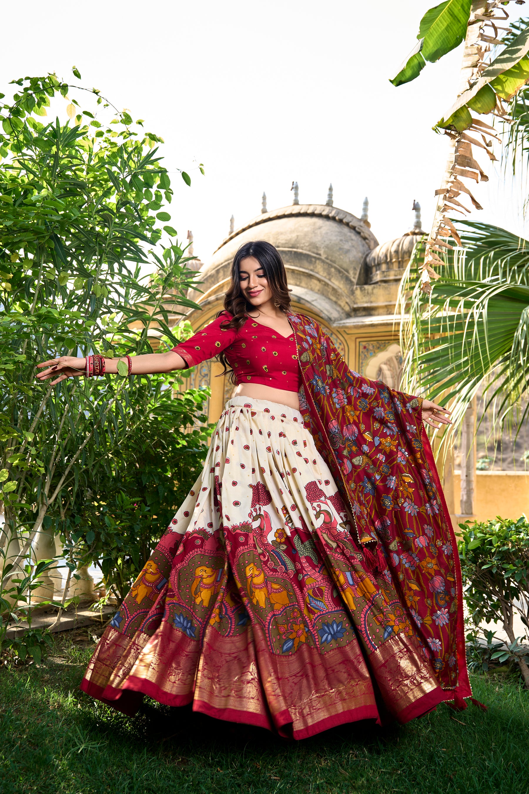 Designer OFF-White Ethnic Lehenga Choli with Elephant & Floral Print