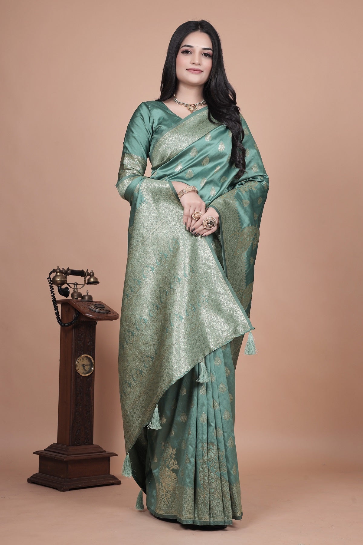 Green Silk Saree with Intricate Peacock Zari Work – Traditional Banarasi Design for Weddings & Festive Occasions