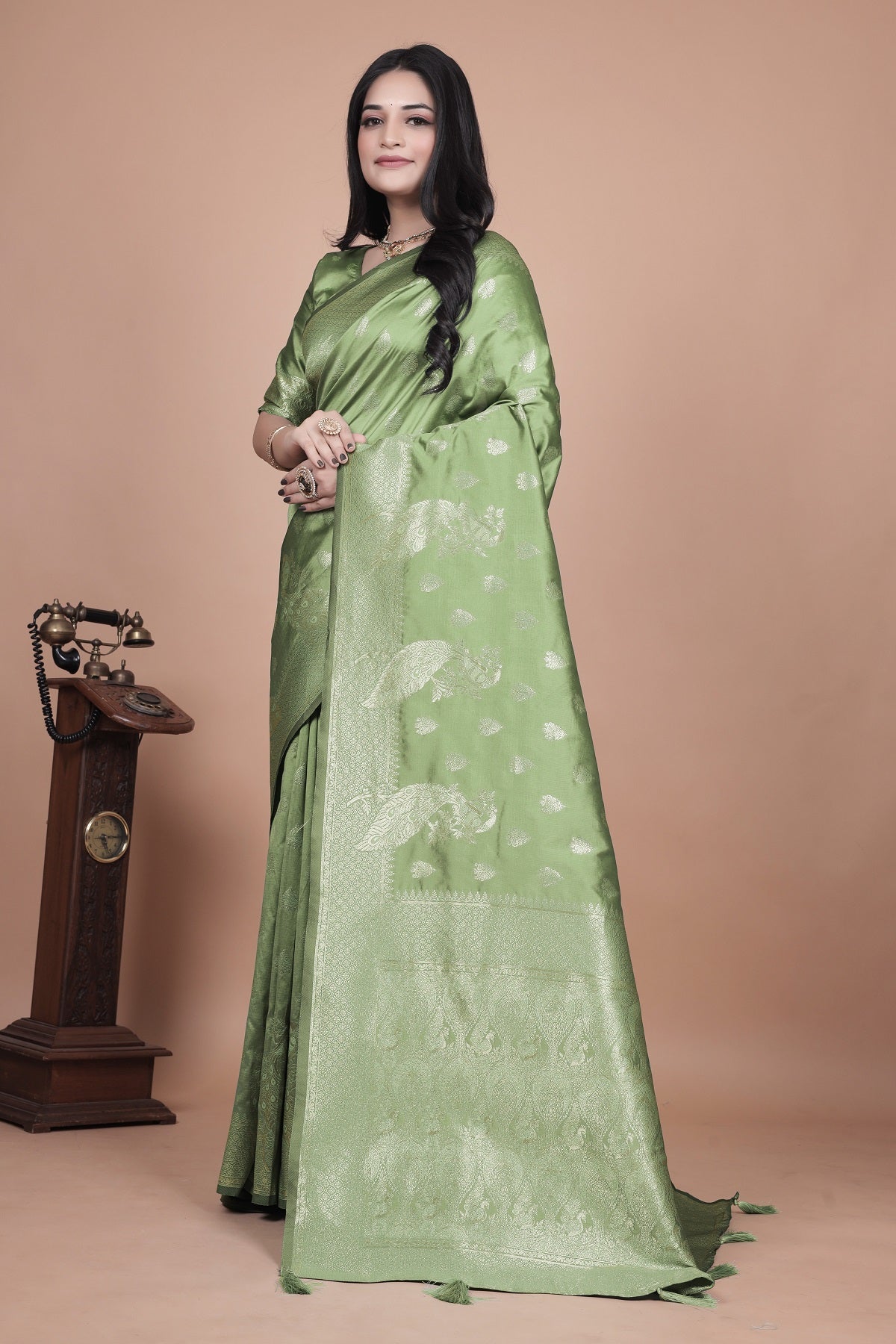 Traditional Green Banarasi Silk Saree with Floral & Peacock Design - Perfect for Weddings and Festivals