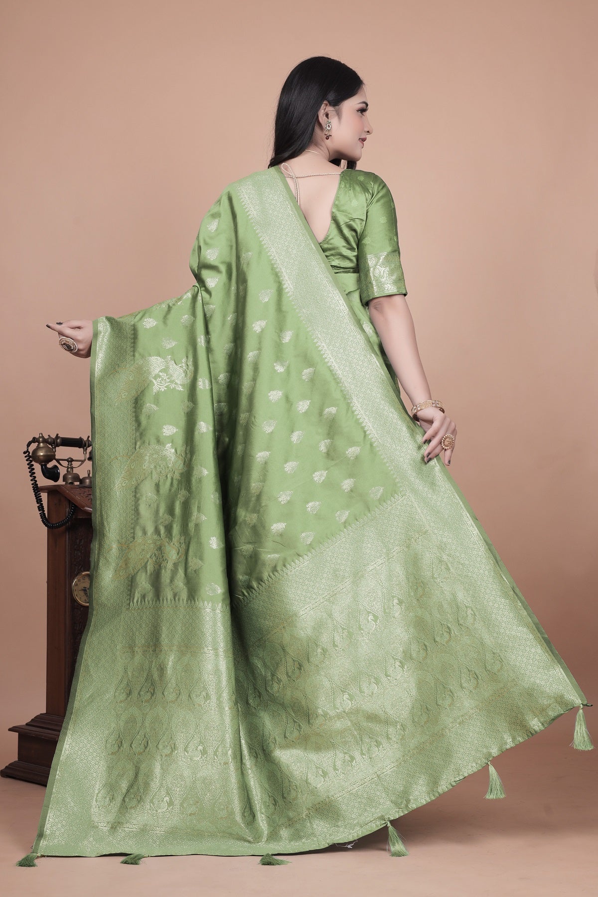 Traditional Green Banarasi Silk Saree with Floral & Peacock Design - Perfect for Weddings and Festivals