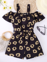 Girls’ Black Sunflower Print Off-Shoulder Romper with Bow Belt