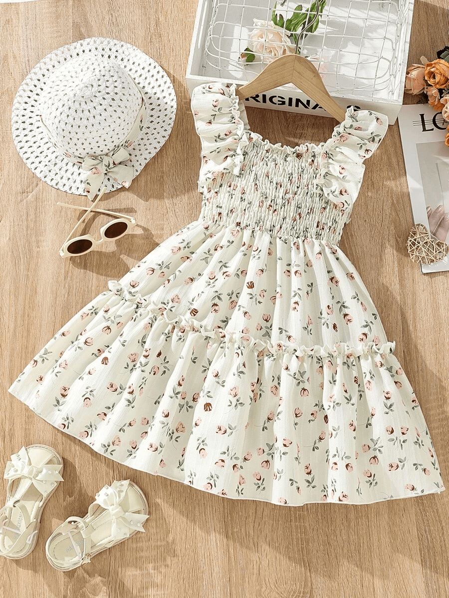 Girls Cream Floral Print Ruffle Sleeve Party Dress