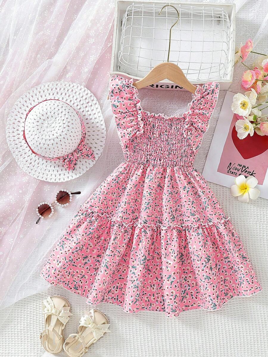 Glamgait Pink Color Floral Printed Flared Sleeve Kids Baby Dress