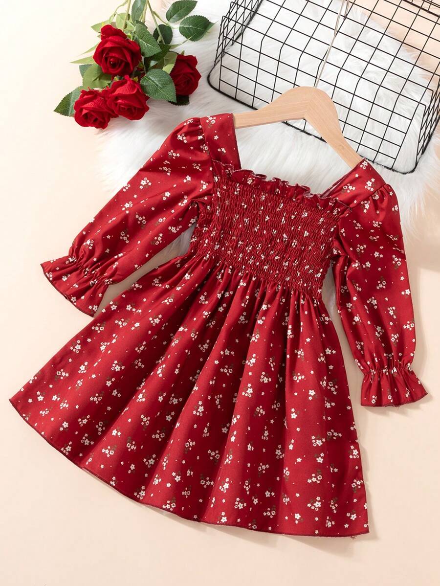Girls Maroon Floral Long-Sleeve Smocked Cotton Dress – Elegant Party & Casual Wear
